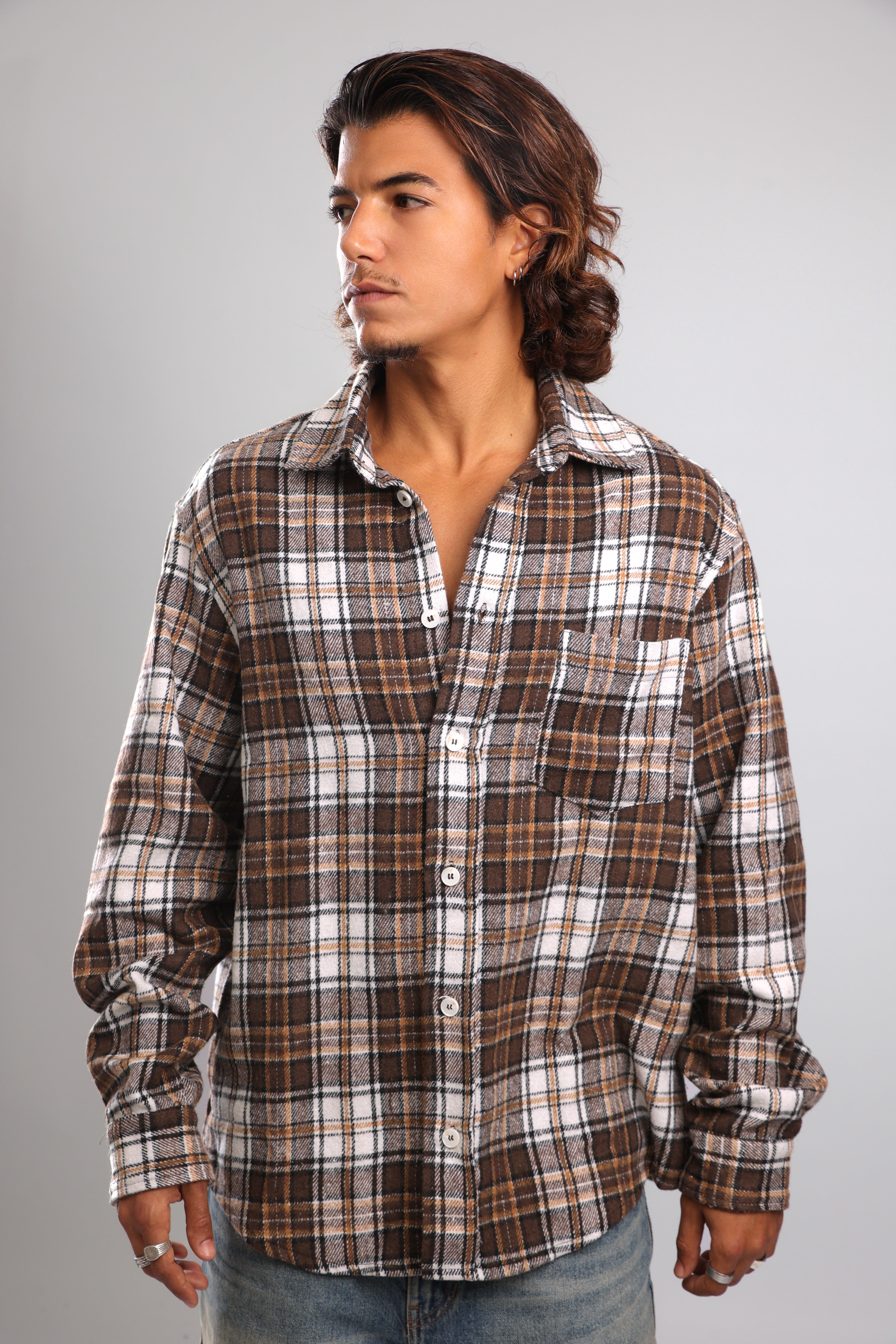 מכופתרת פלנל - חום