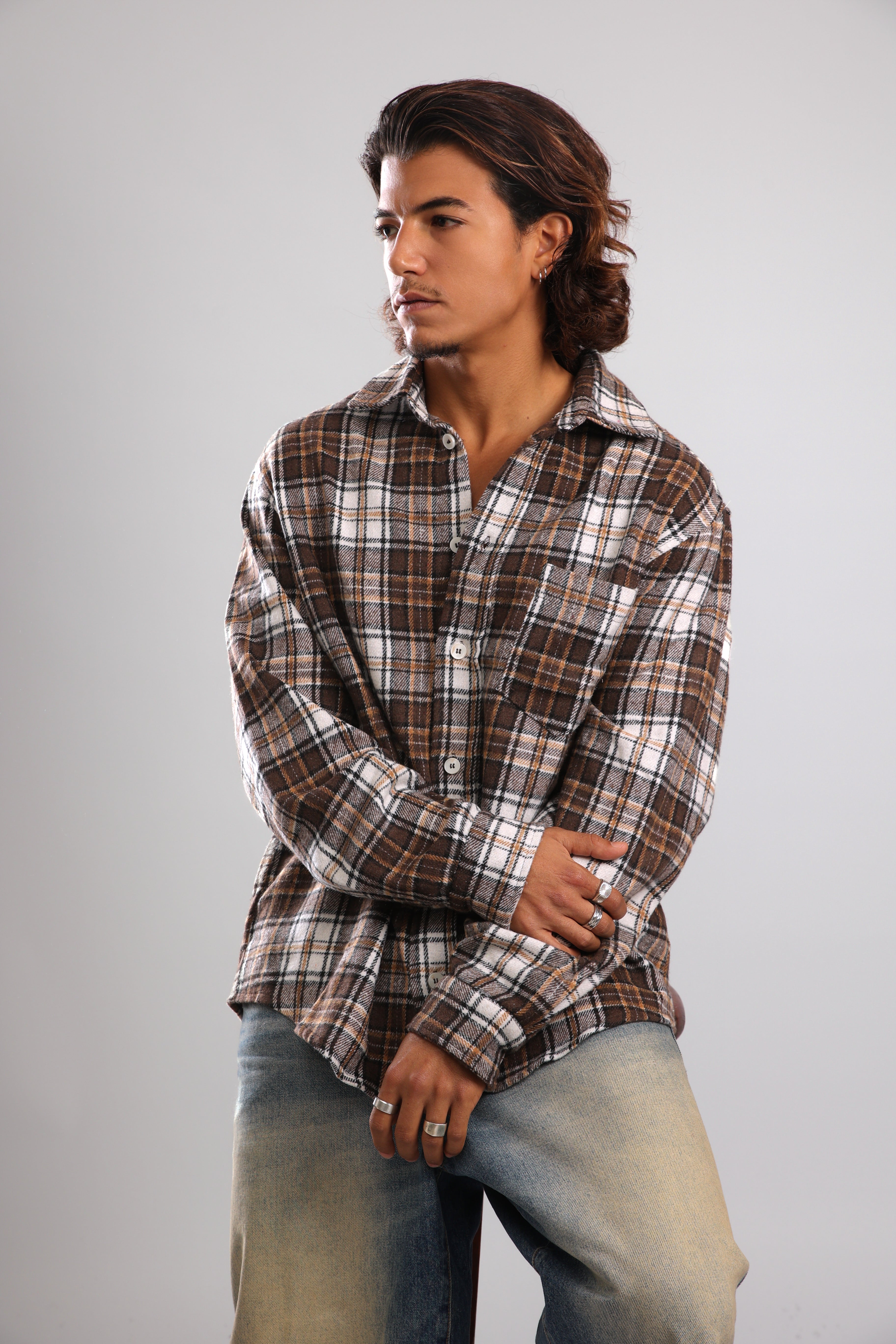 מכופתרת פלנל - חום