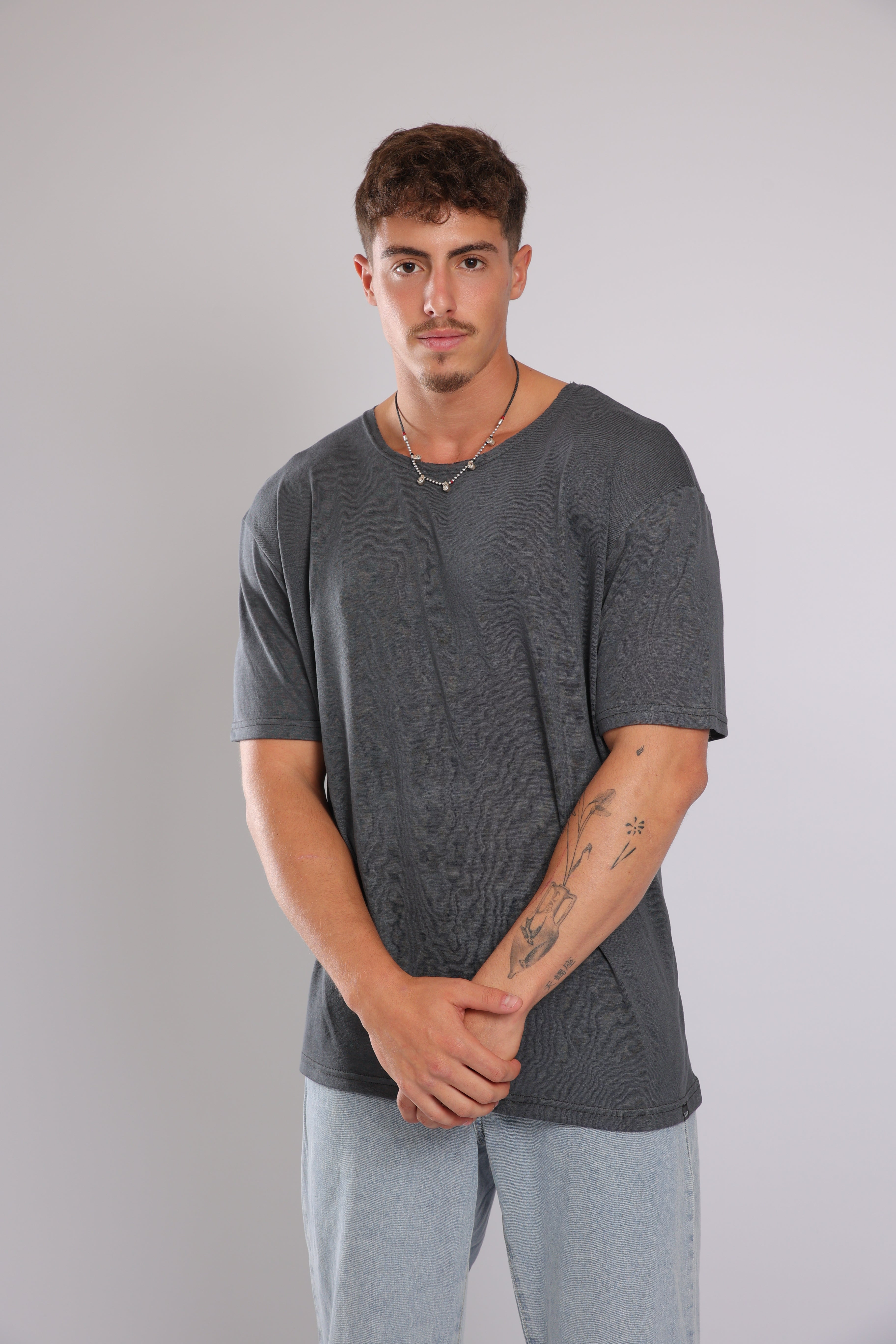 חולצה קצרה פשתן - אפור כהה