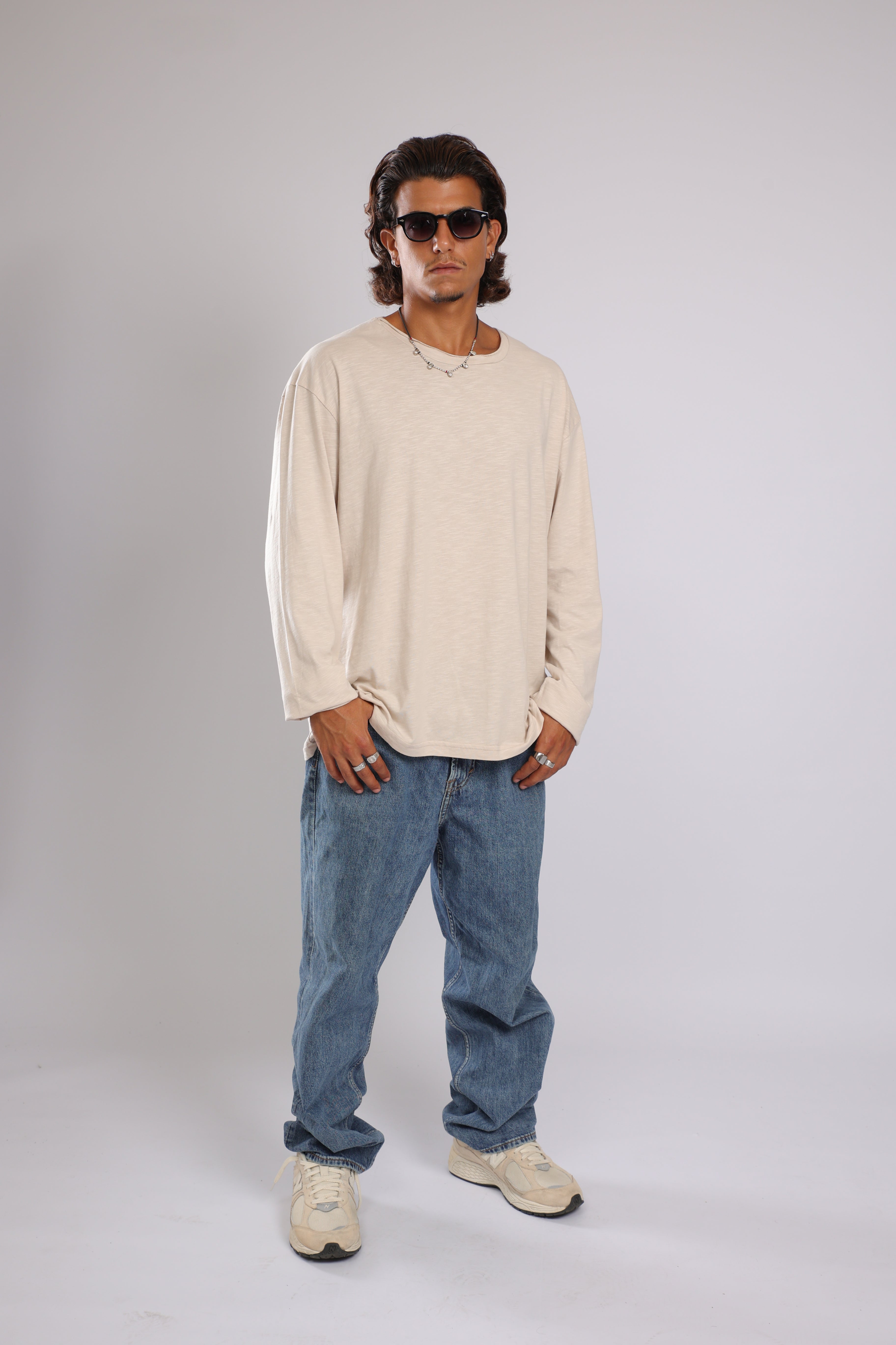 חולצה ארוכה כותנה - אבן