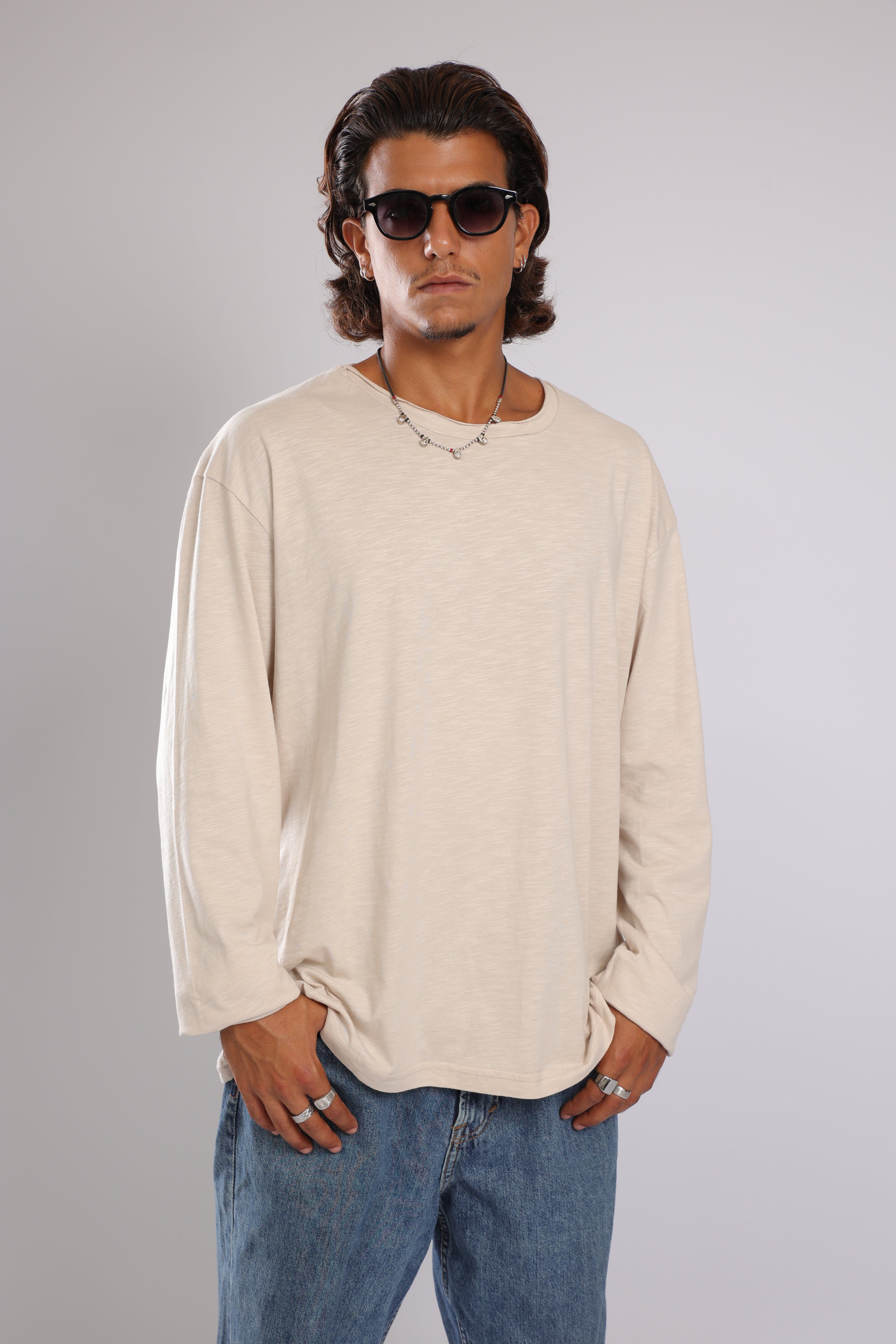 חולצה ארוכה כותנה - אבן