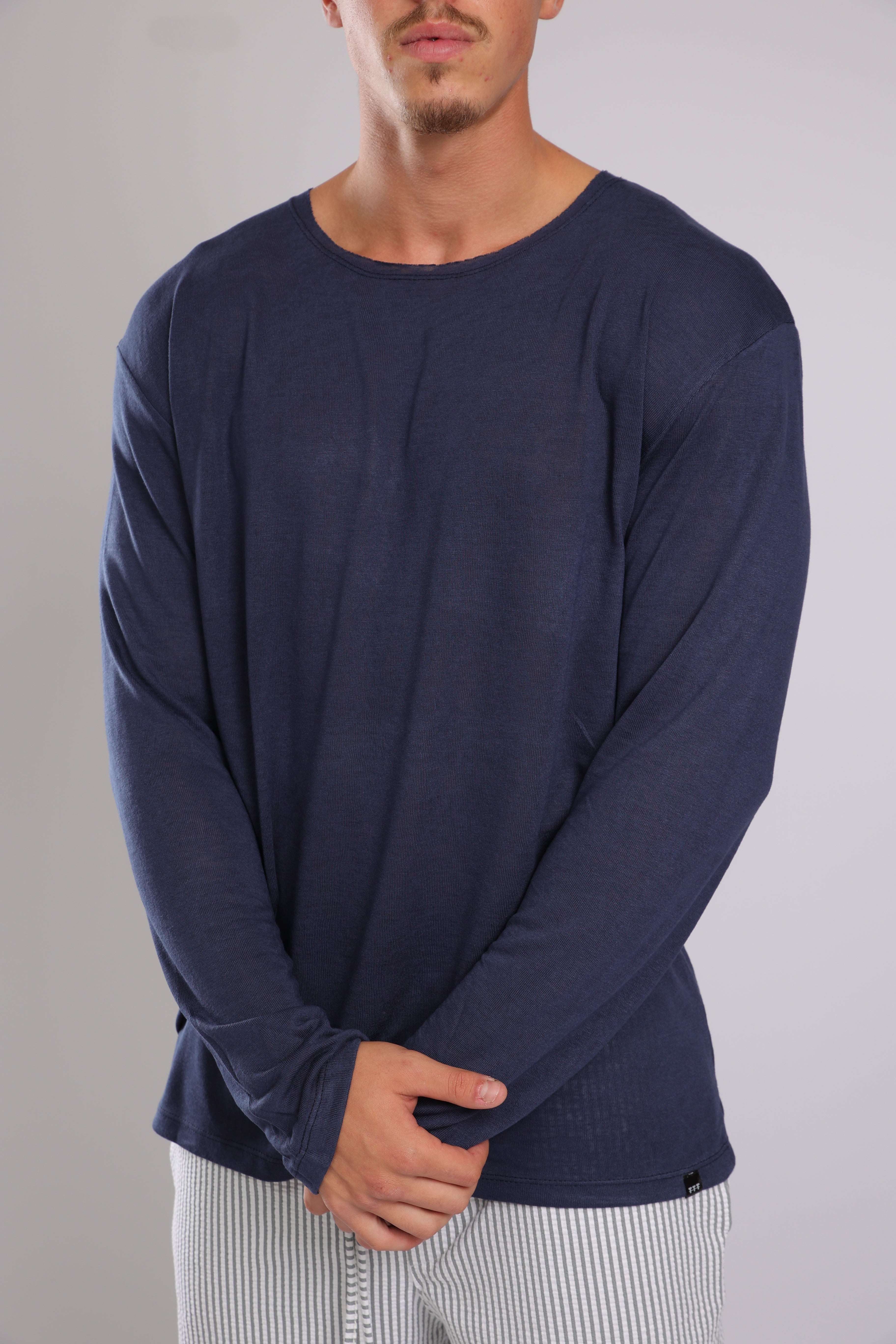 חולצה ארוכה פשתן - כחול כהה