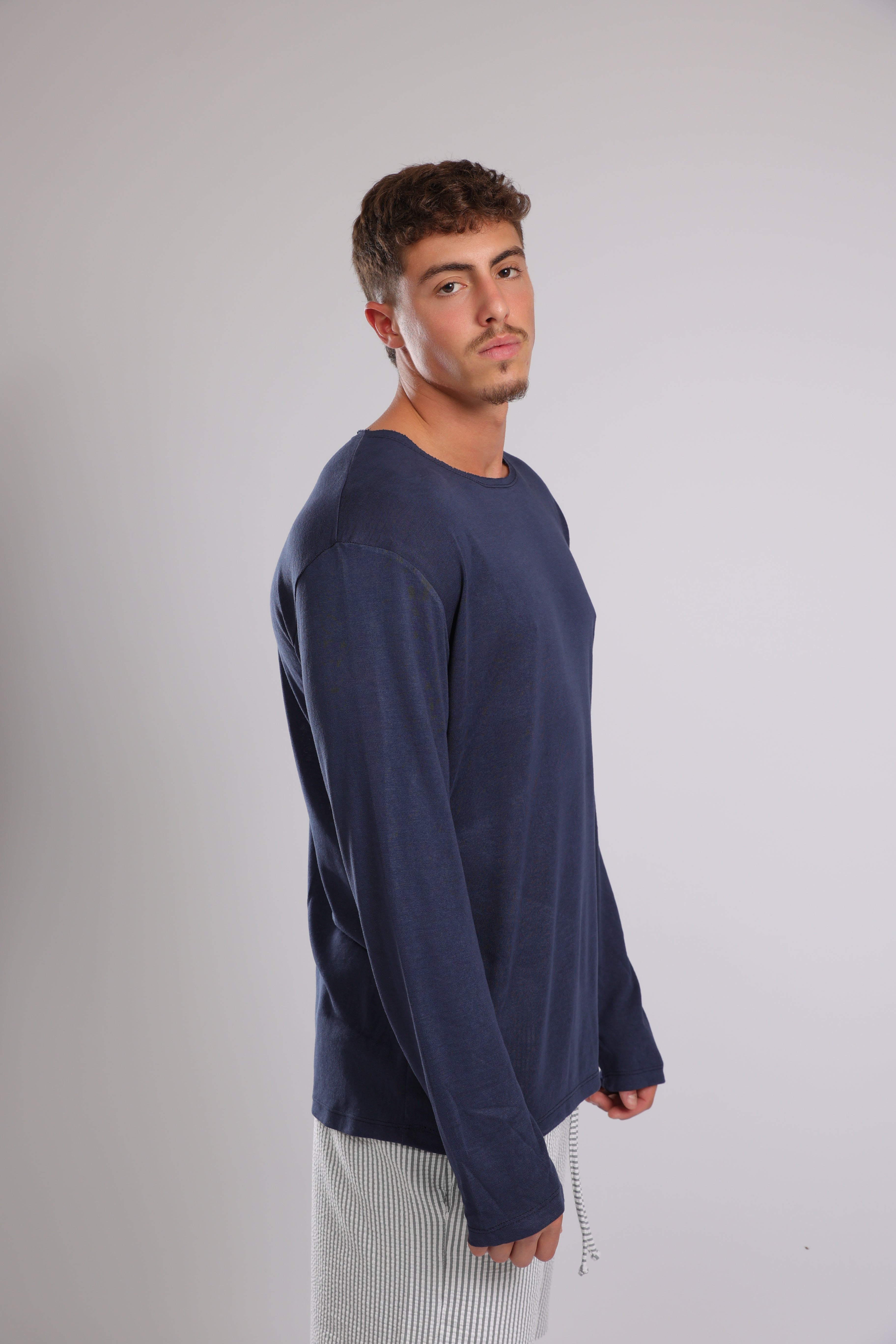 חולצה ארוכה פשתן - כחול כהה