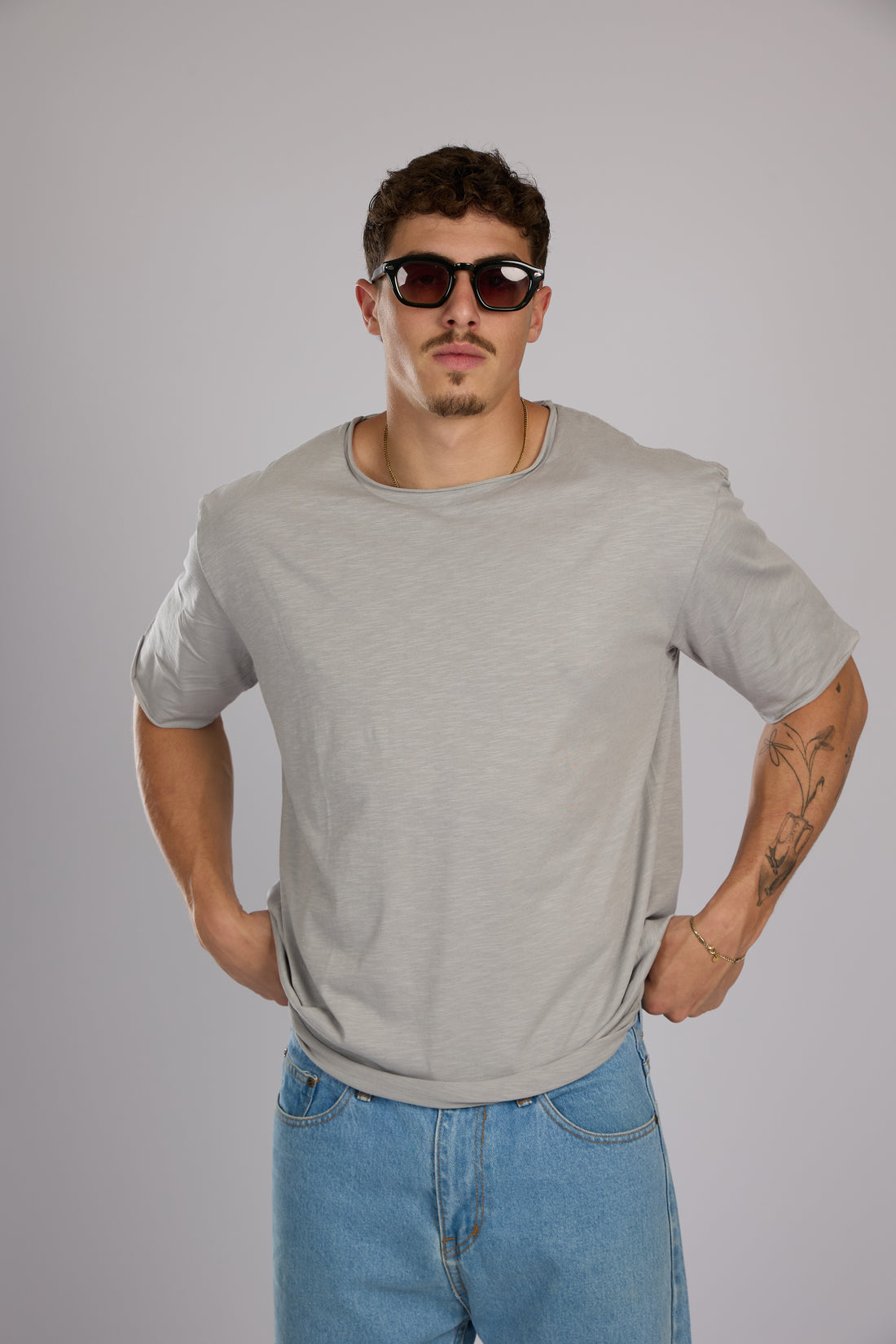 חולצה קצרה כותנה - אפור בהיר