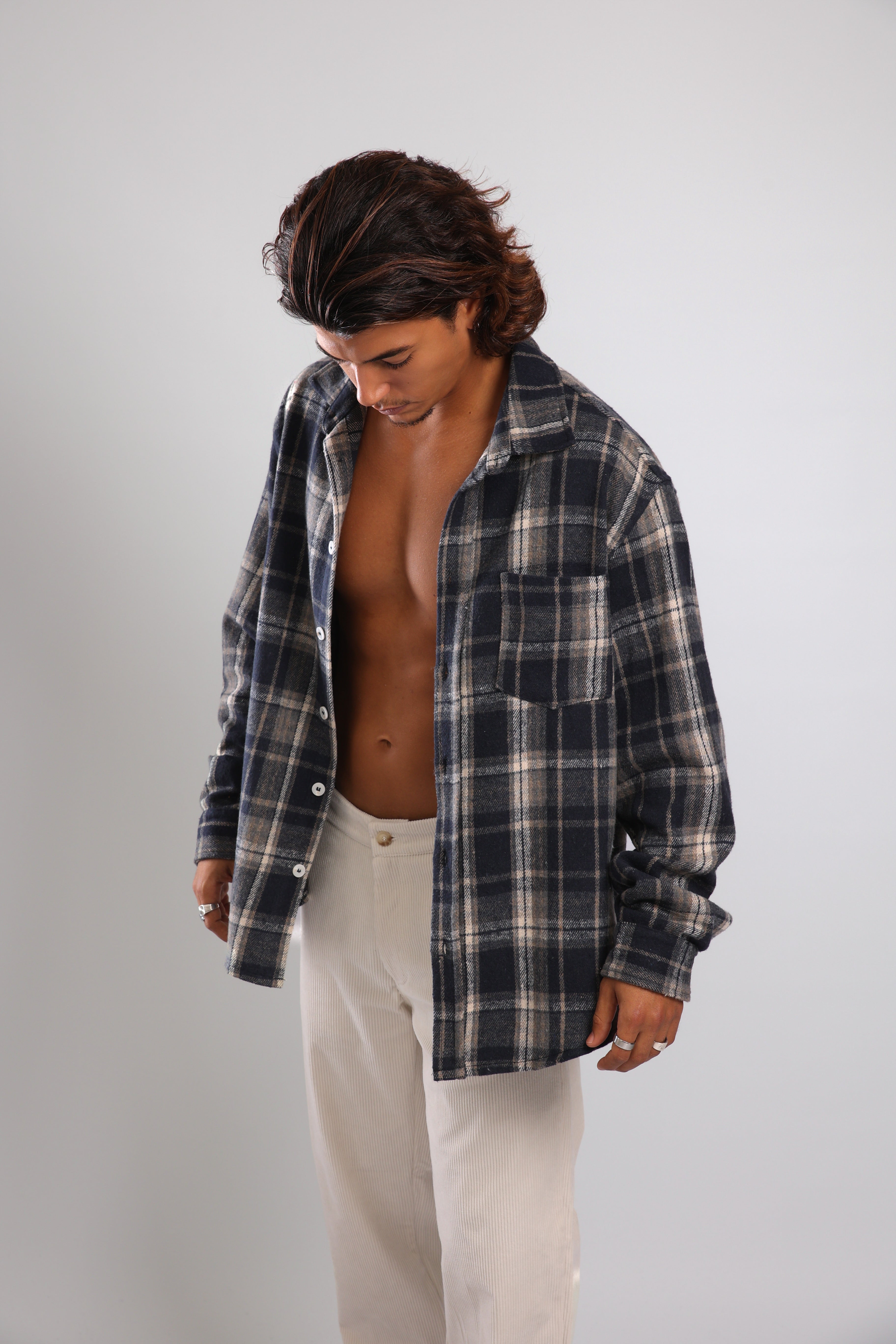 מכופתרת פלנל - אפור כחול