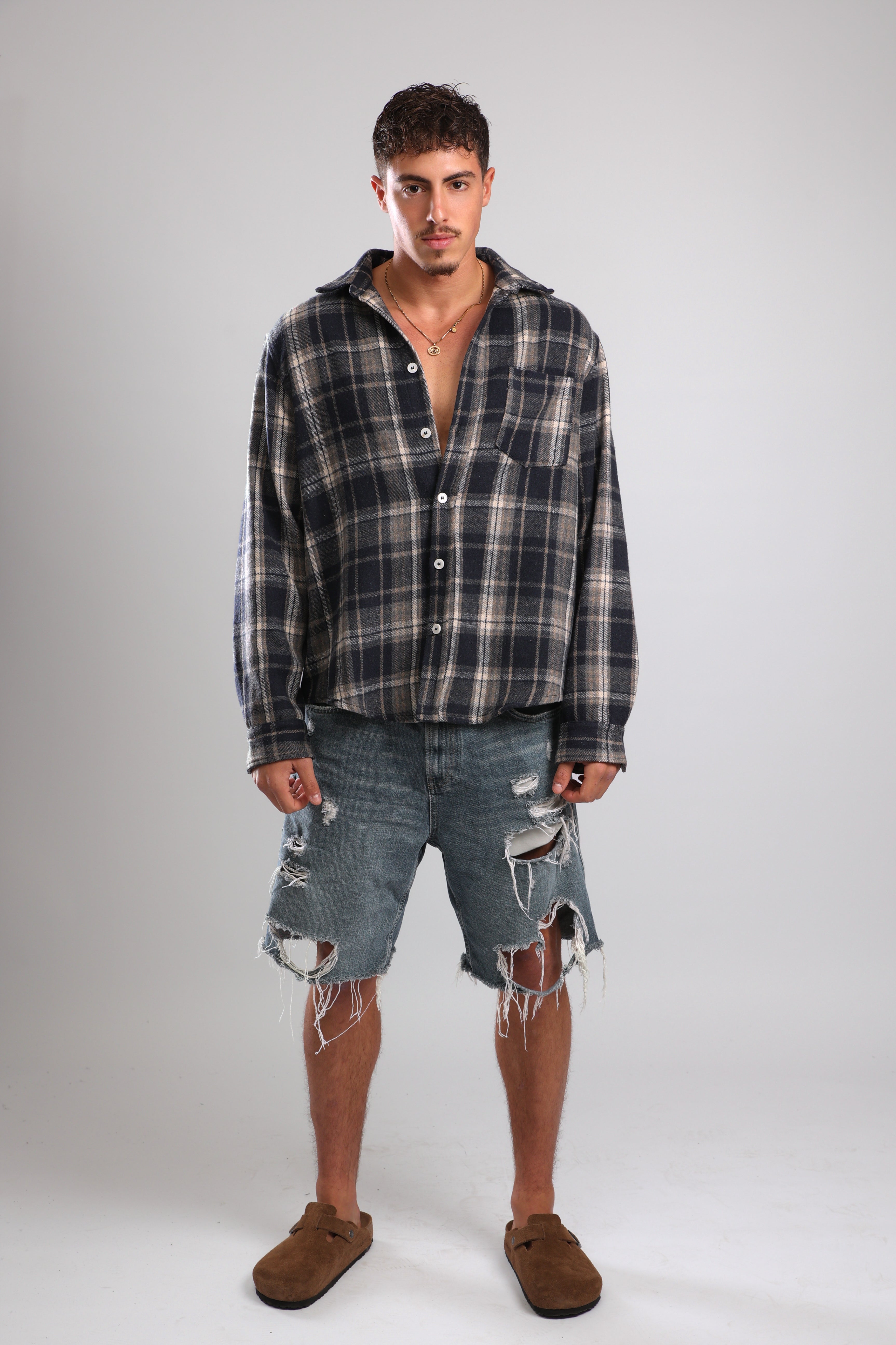 מכופתרת פלנל - אפור כחול