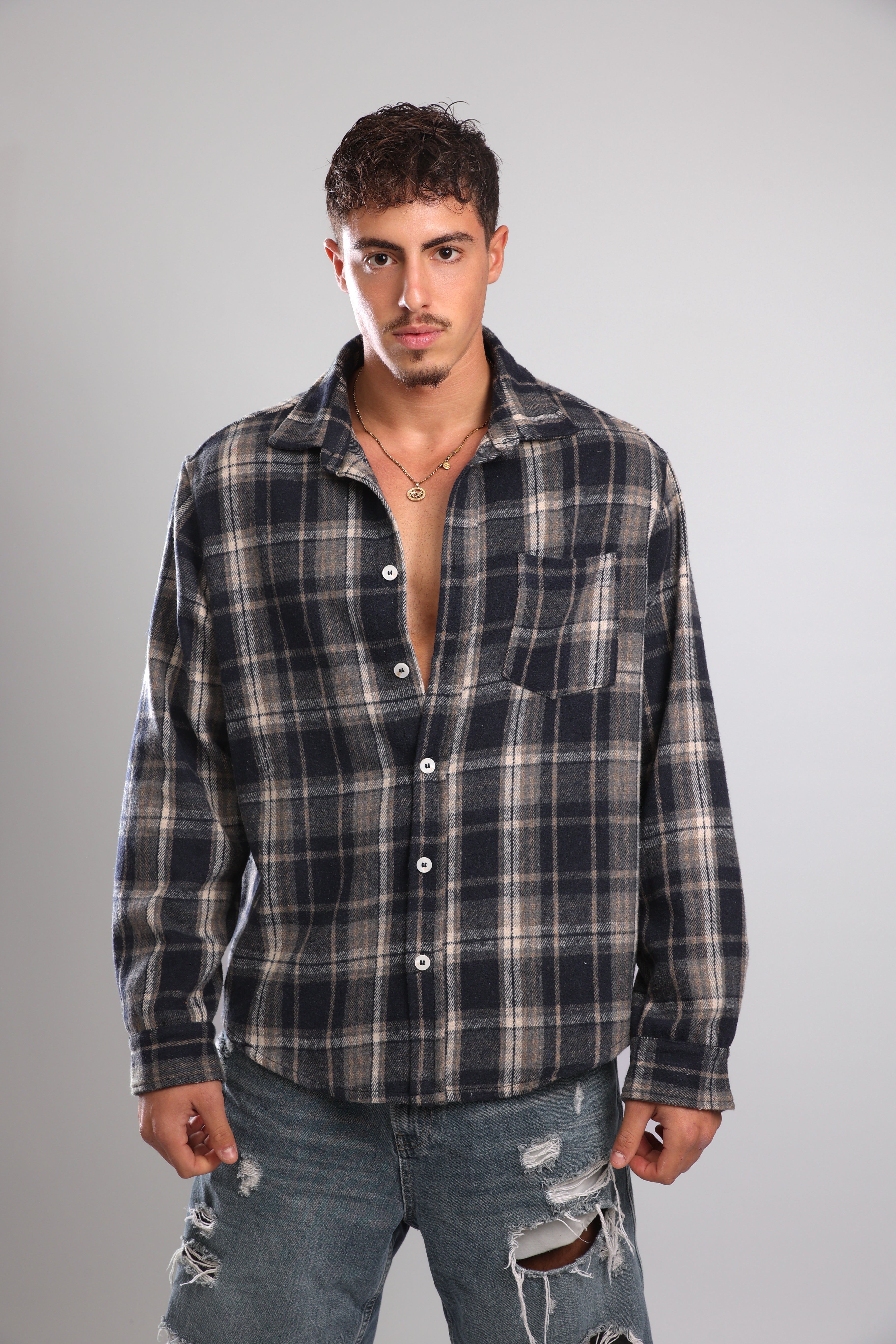 מכופתרת פלנל - אפור כחול