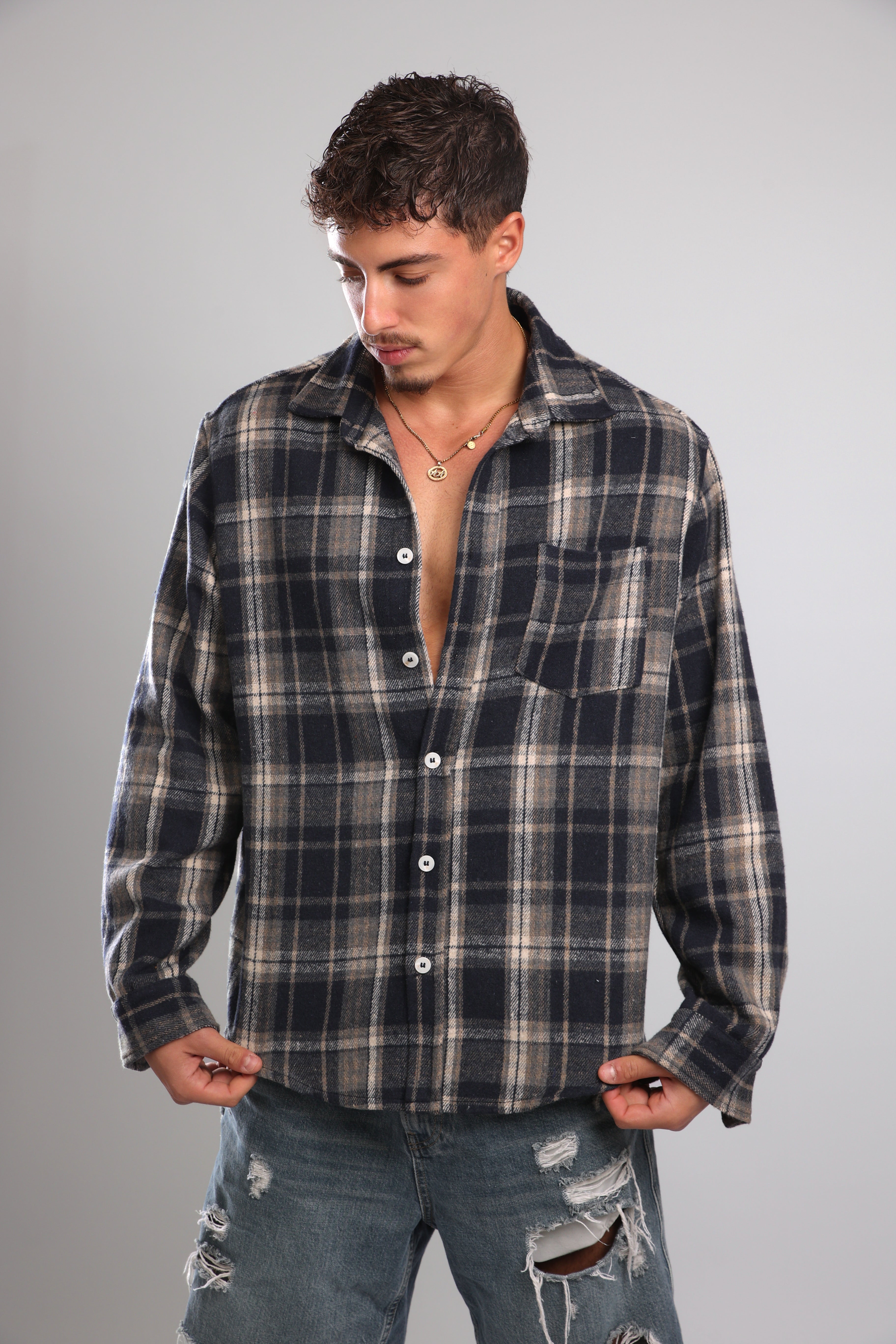 מכופתרת פלנל - אפור כחול