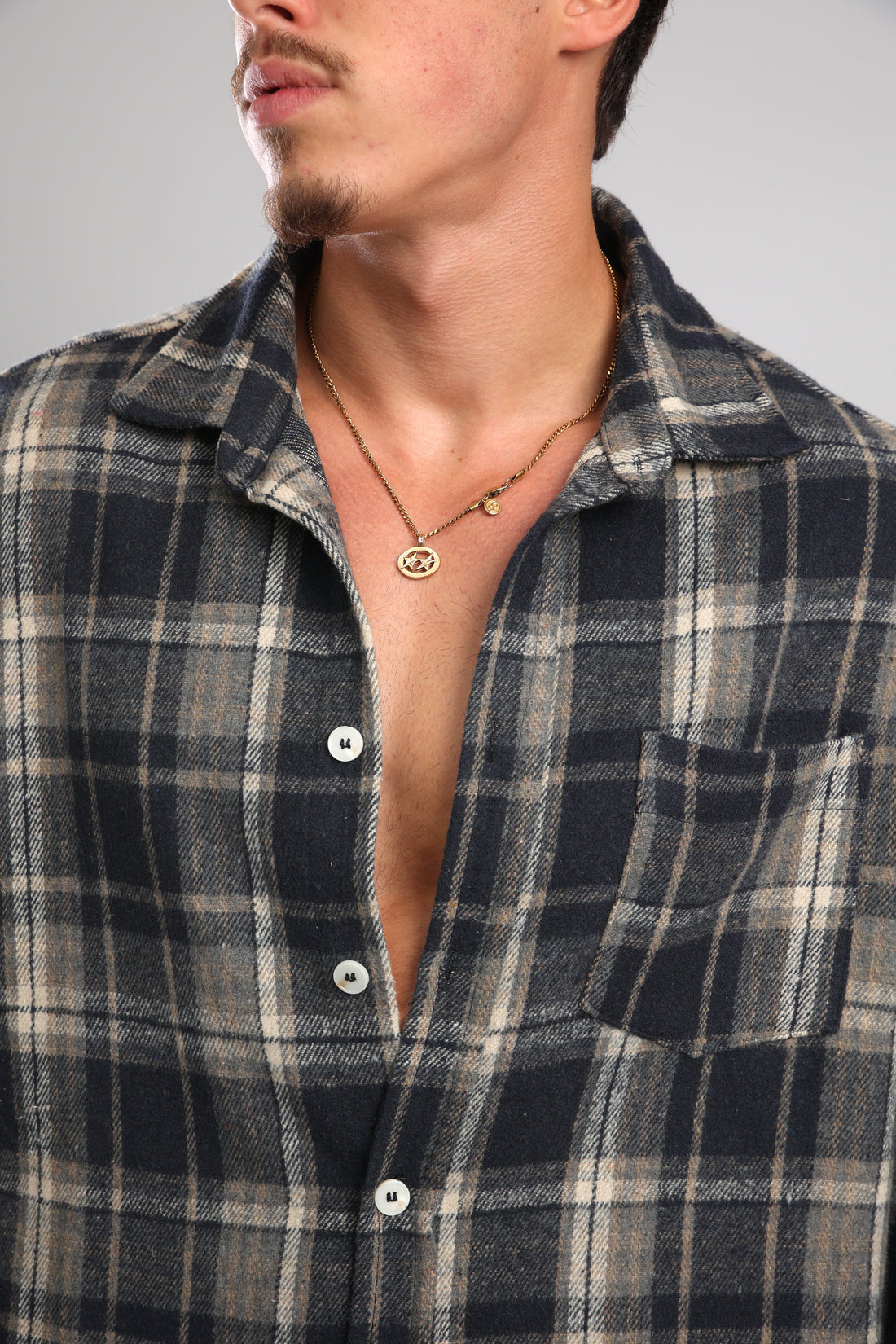 מכופתרת פלנל - אפור כחול