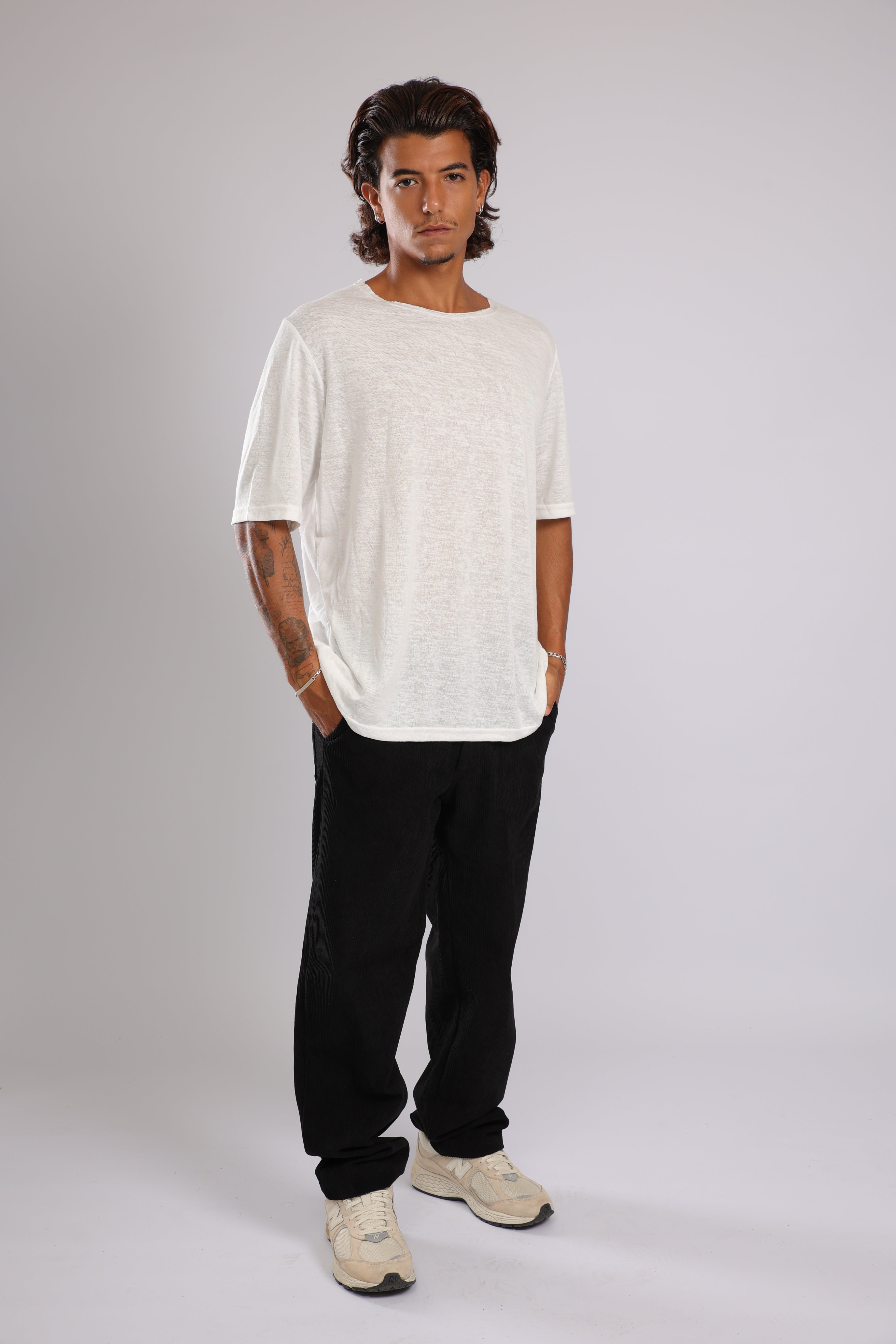 חולצה קצרה פשתן - שמנת בהירה