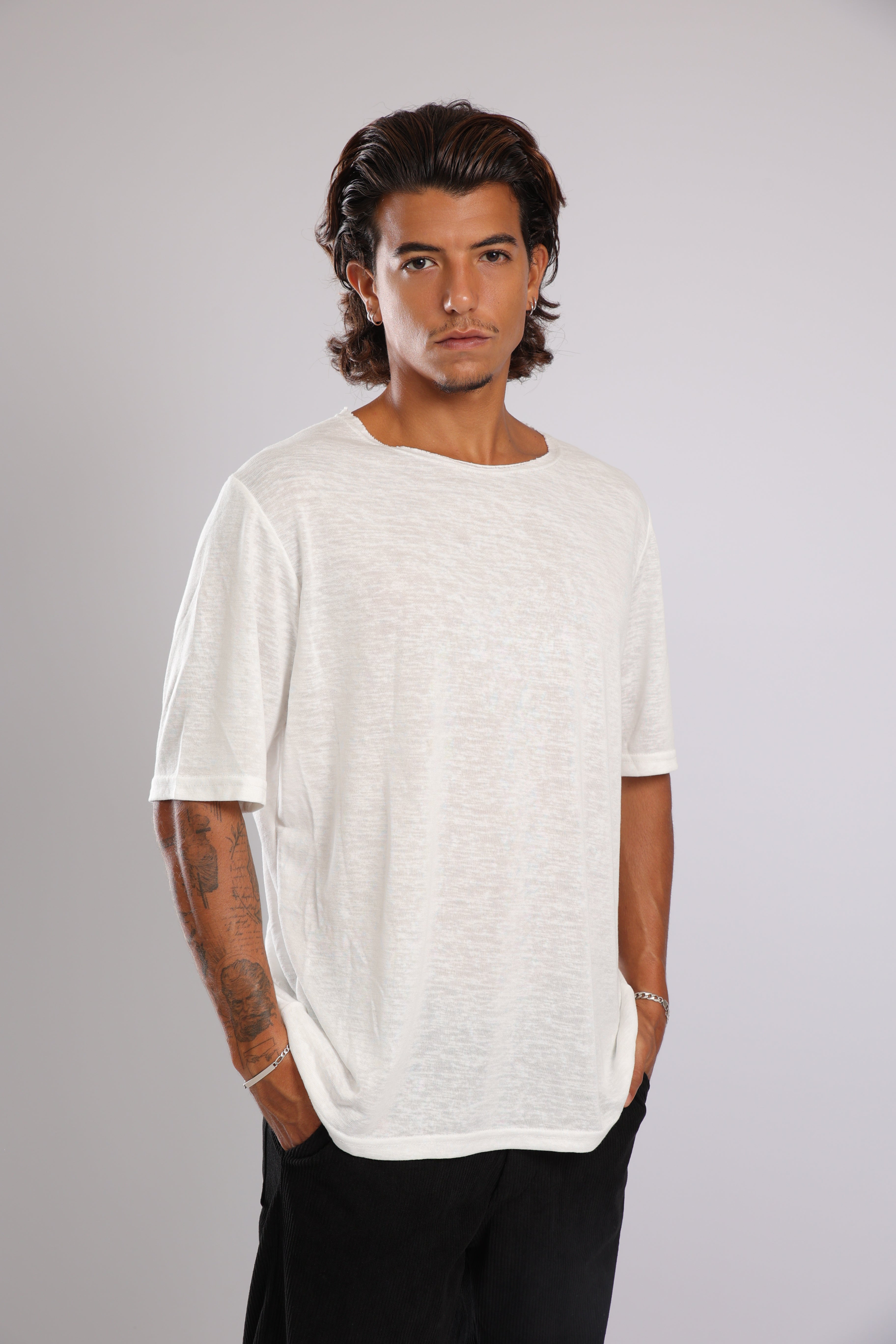 חולצה קצרה פשתן - שמנת בהירה