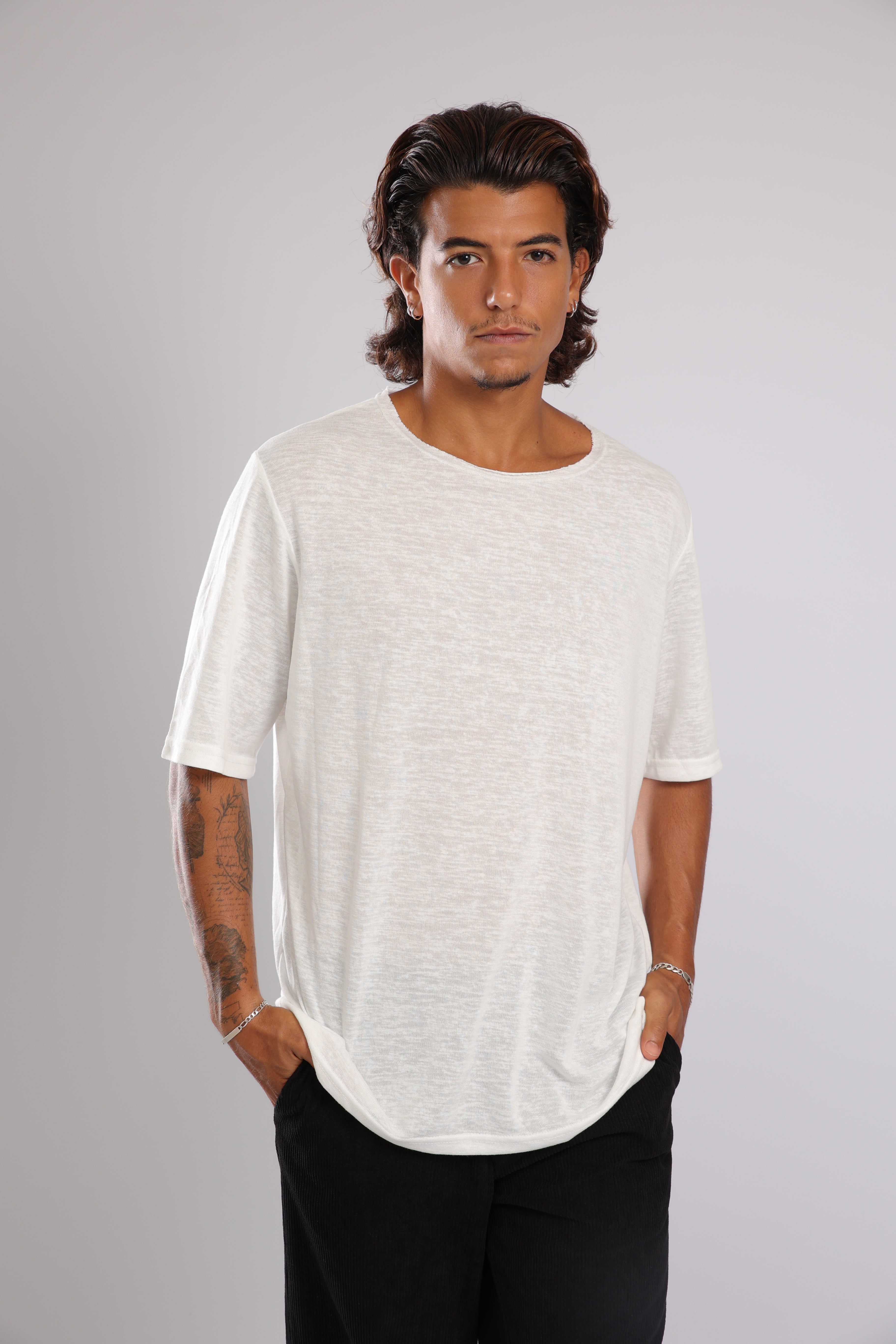 חולצה קצרה פשתן - שמנת בהירה