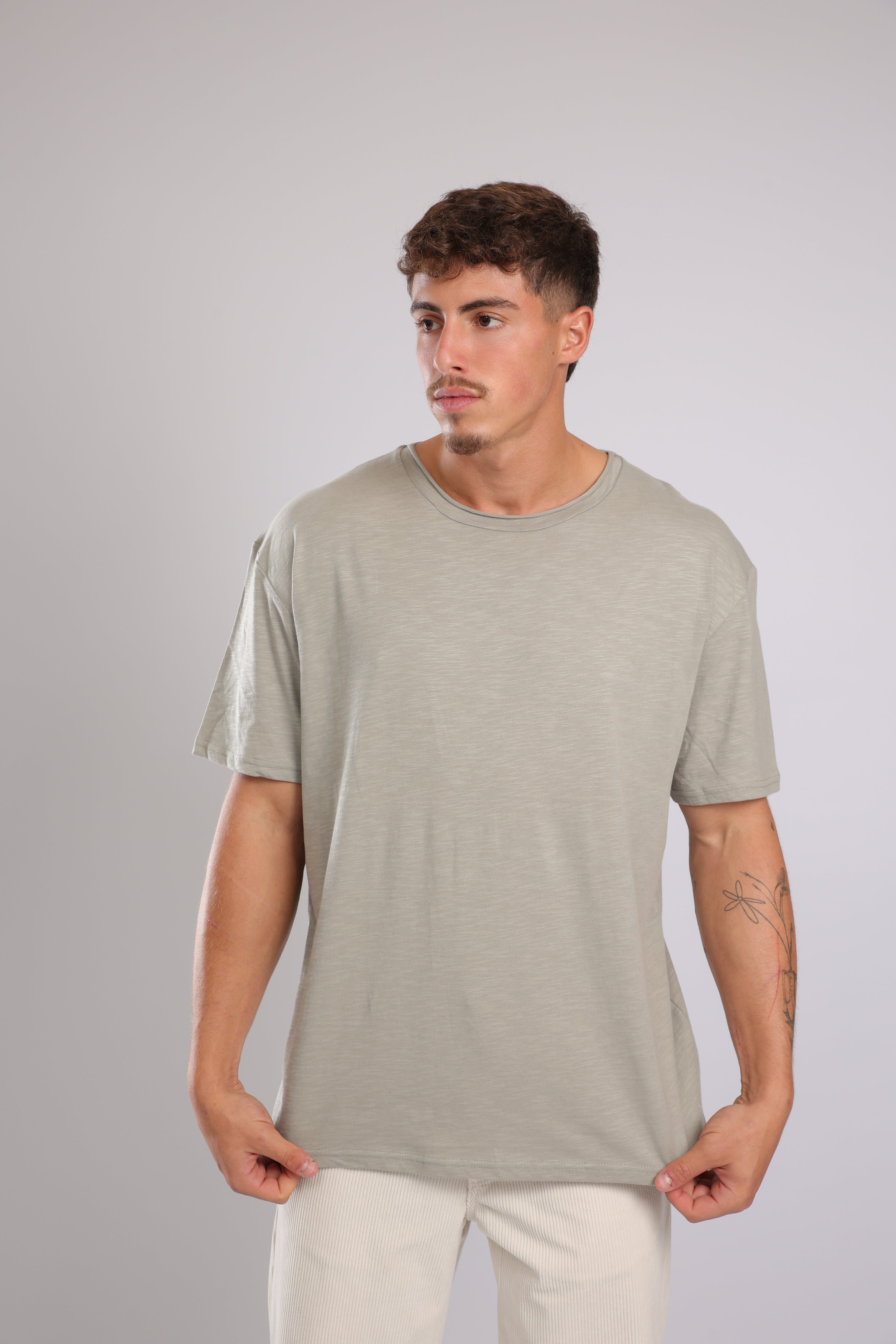 חולצה קצרה כותנה - אפור זית