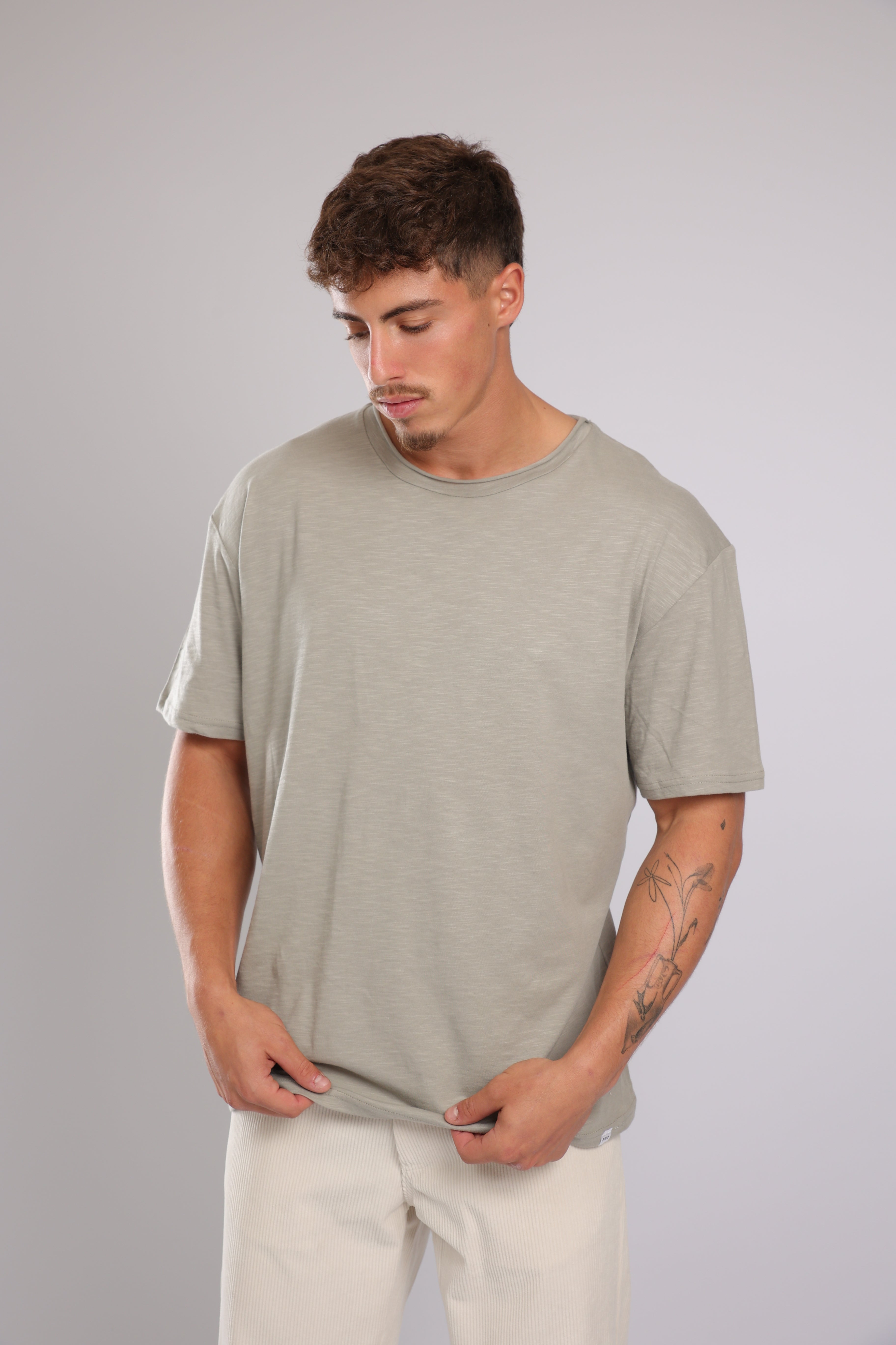 חולצה קצרה כותנה - אפור זית