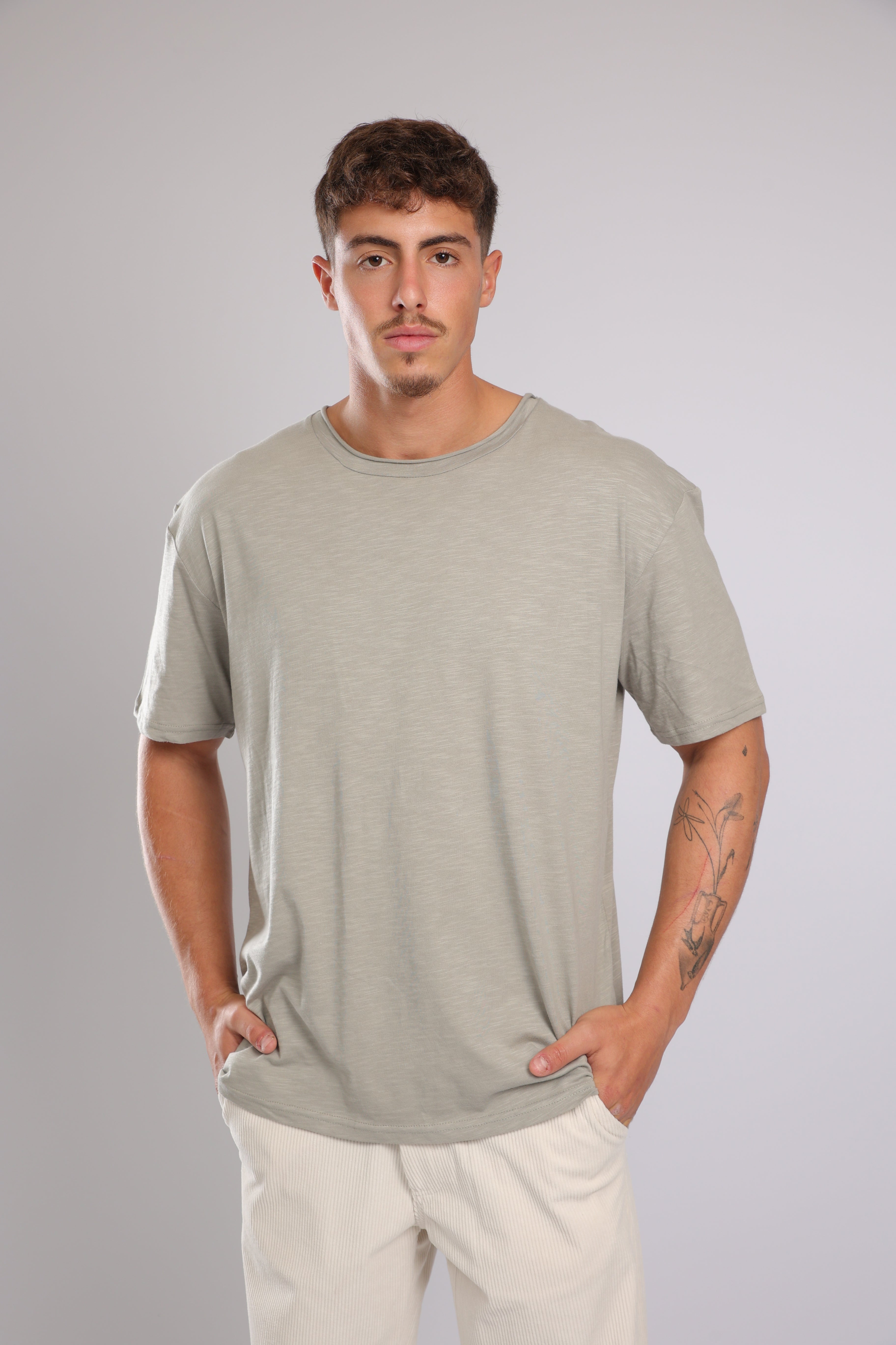 חולצה קצרה כותנה - אפור זית