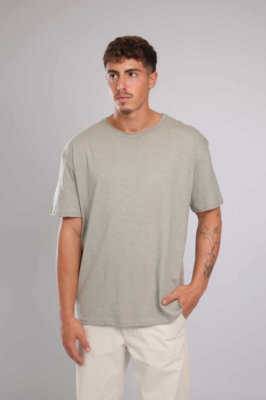 חולצה קצרה כותנה - אפור זית