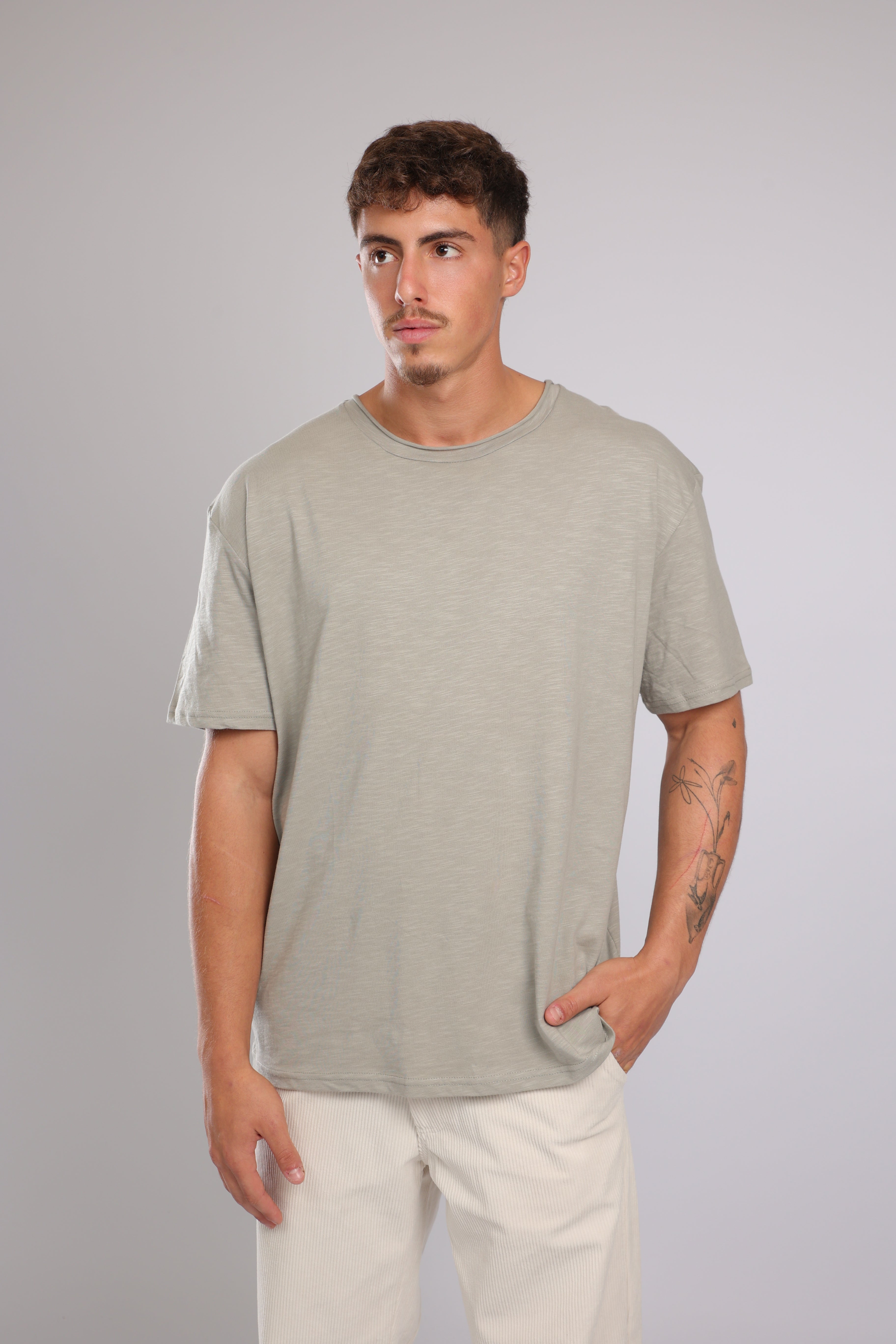 חולצה קצרה כותנה - אפור זית