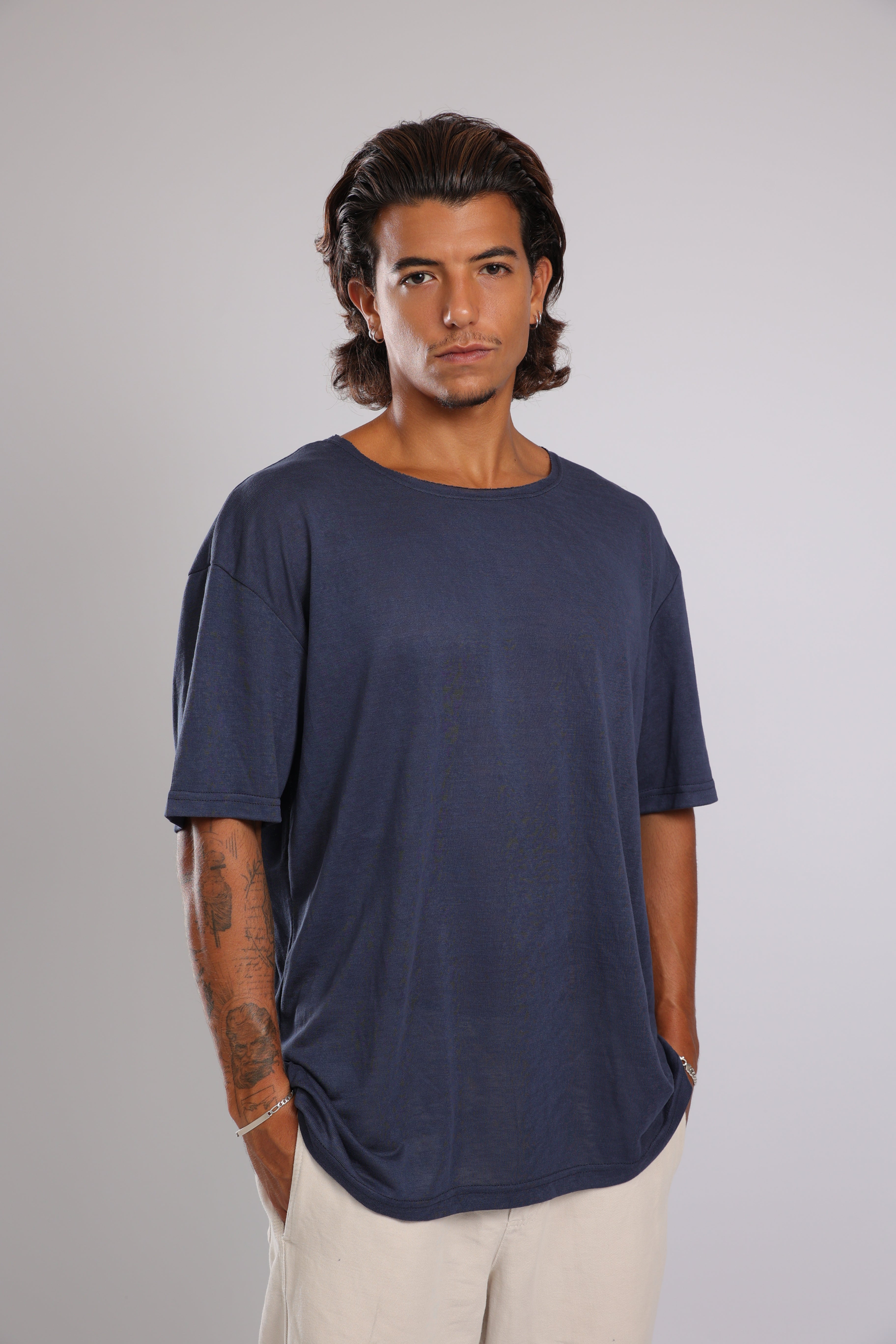 חולצה קצרה לגברים פשתן - כחול כהה