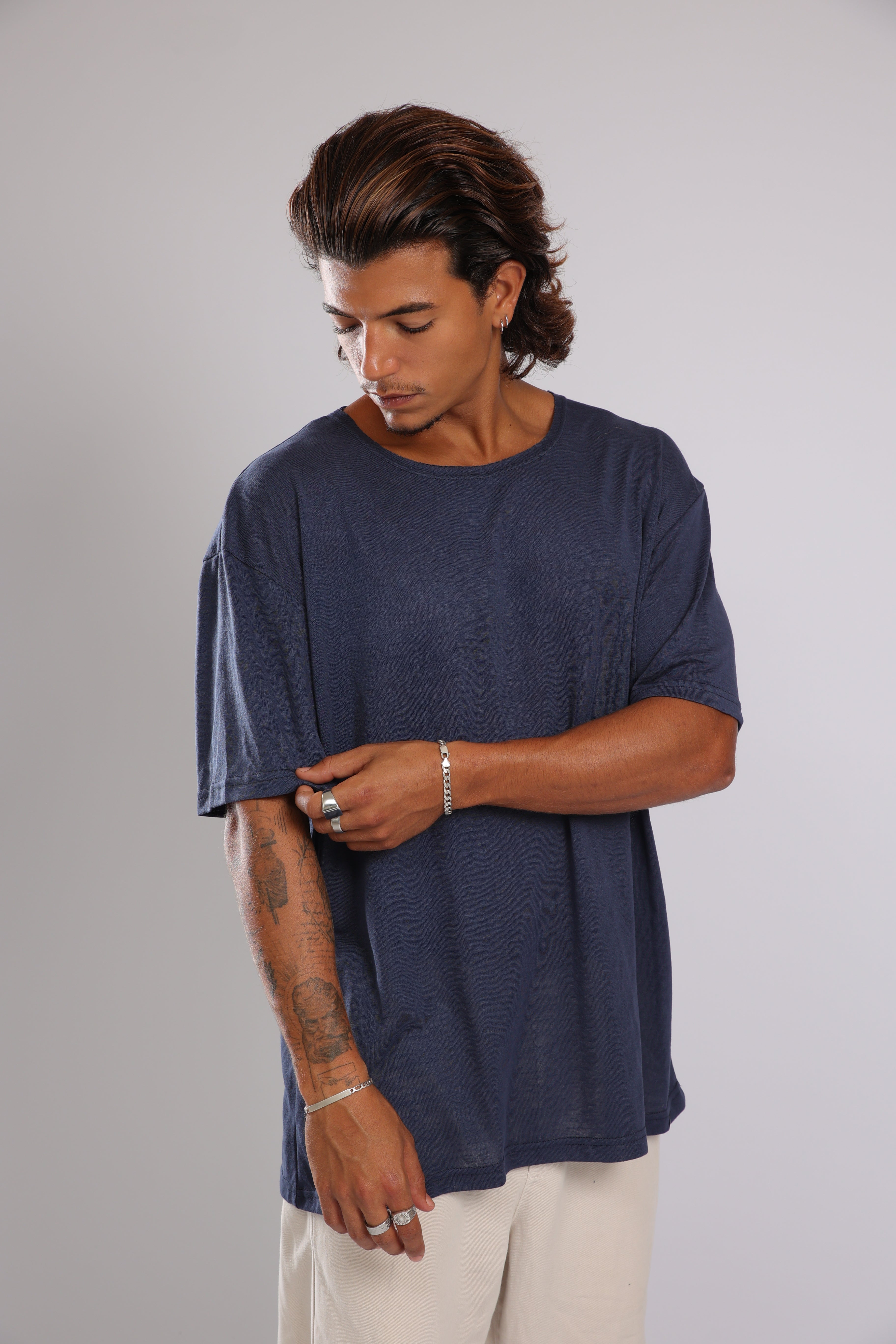 חולצה קצרה לגברים פשתן - כחול כהה