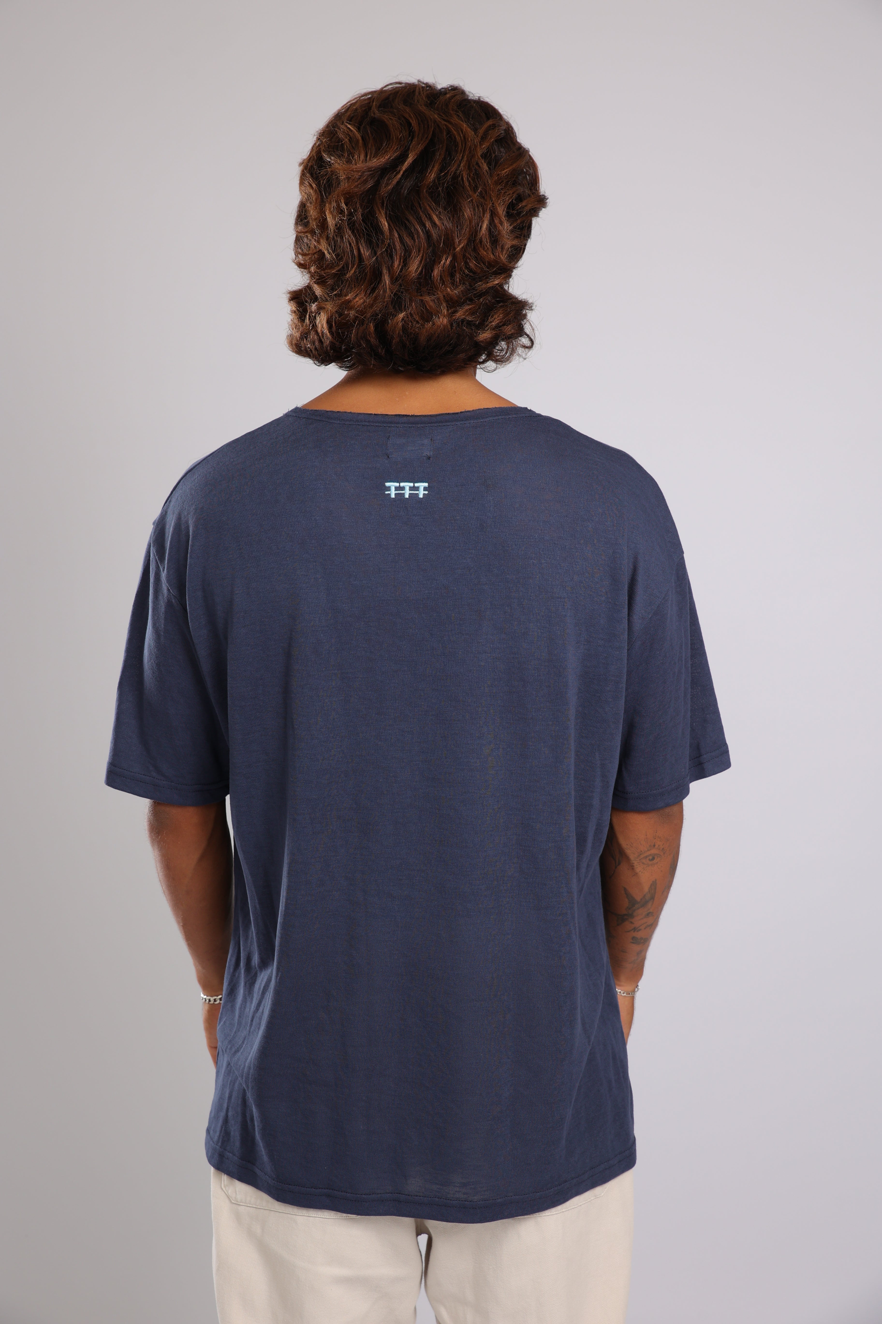 חולצה קצרה לגברים פשתן - כחול כהה