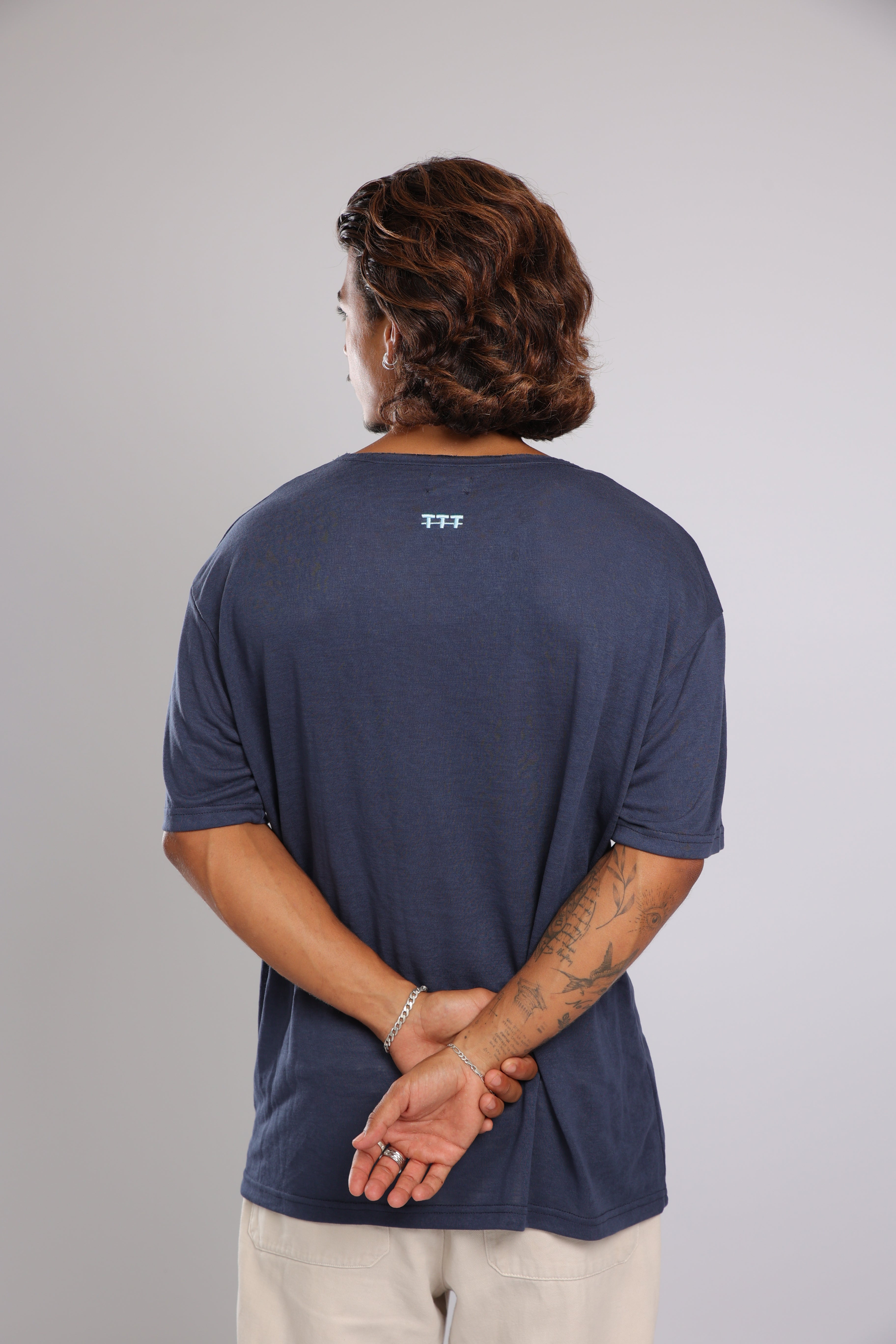 חולצה קצרה לגברים פשתן - כחול כהה