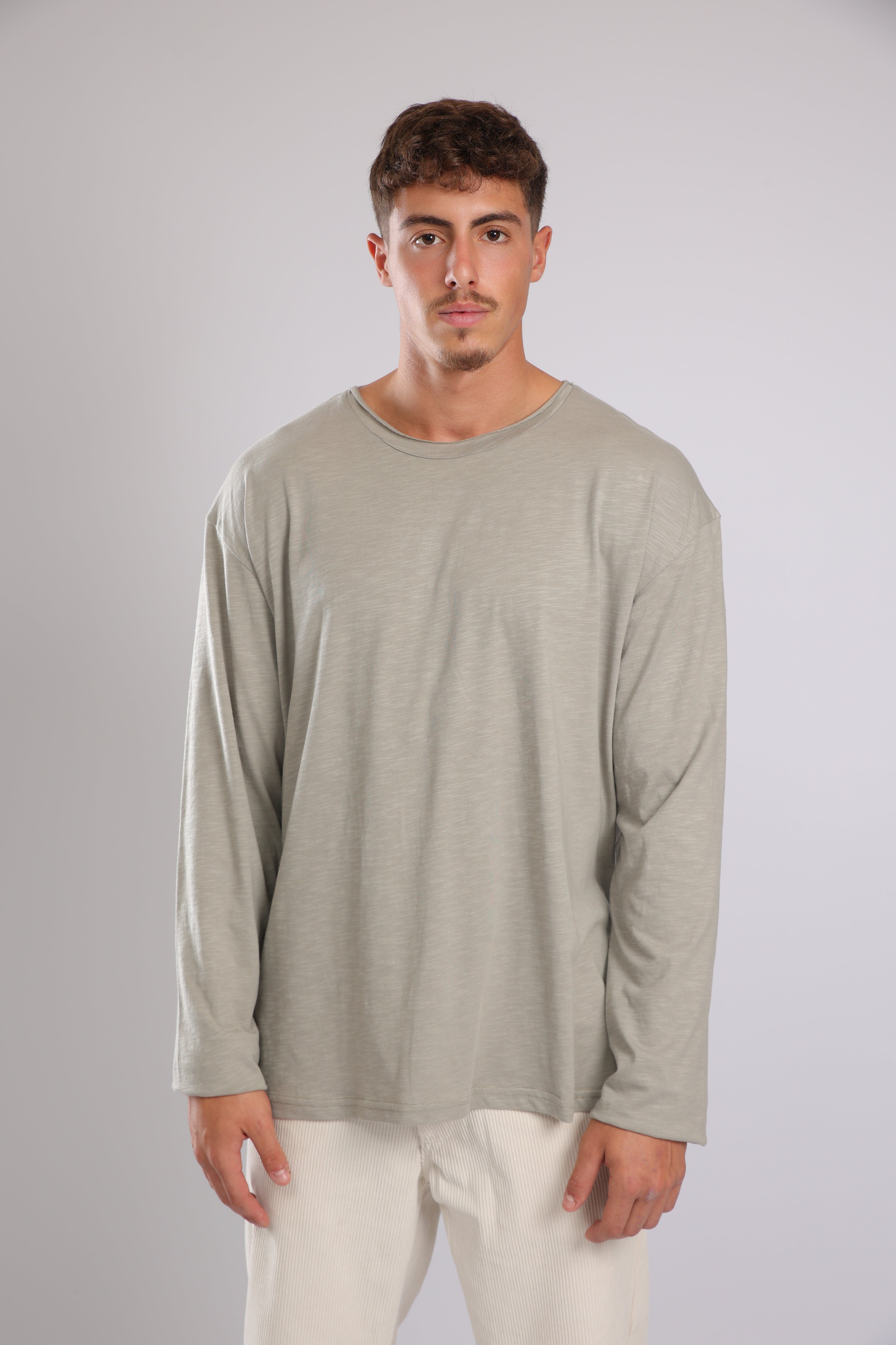 חולצה ארוכה כותנה - אפור זית