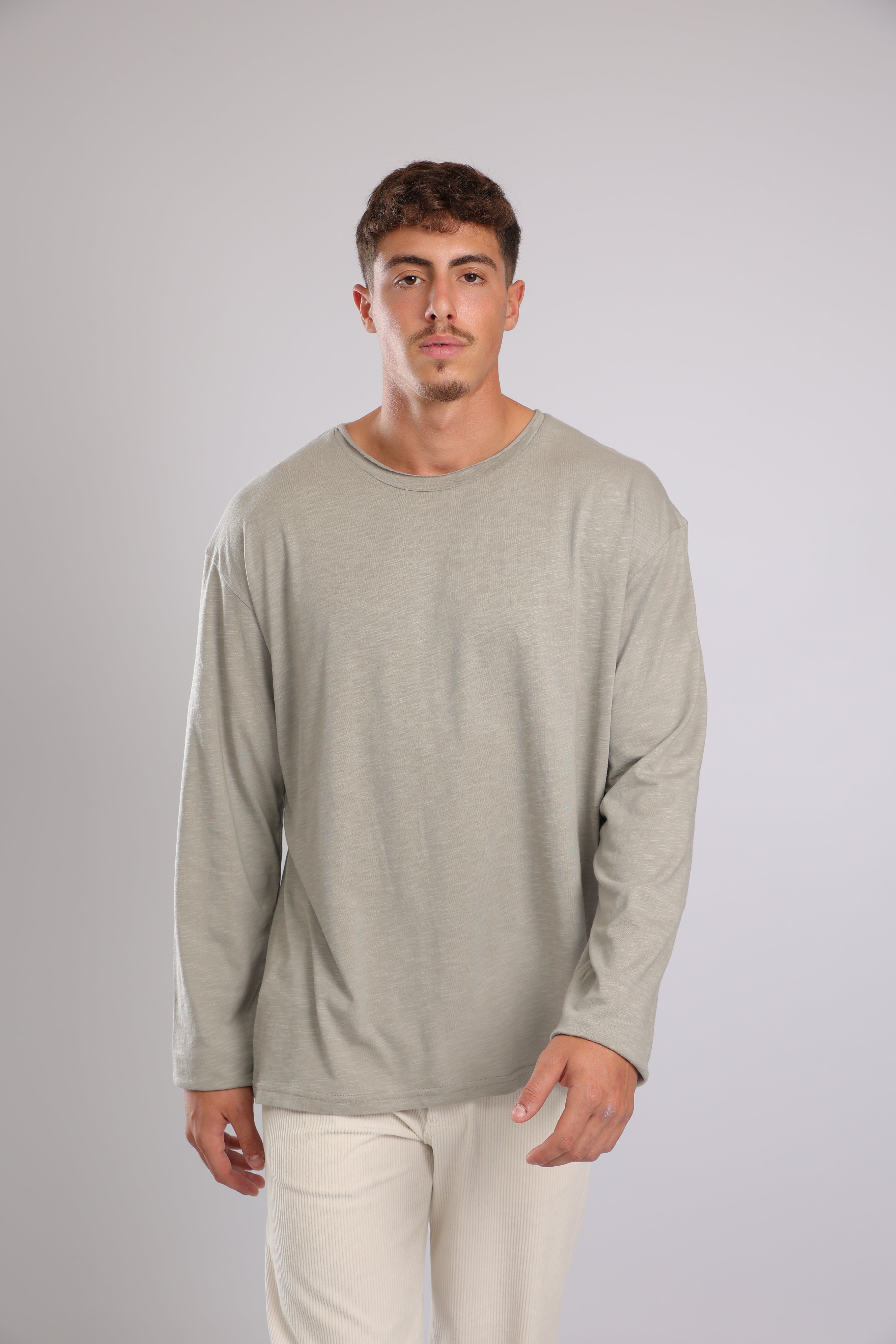 חולצה ארוכה כותנה - אפור זית