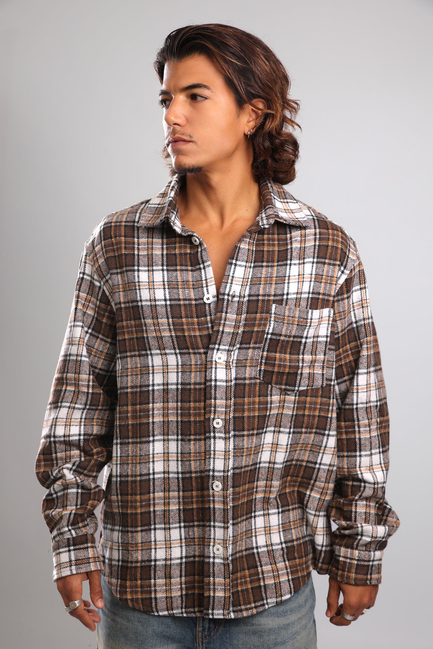 מכופתרת פלנל - חום