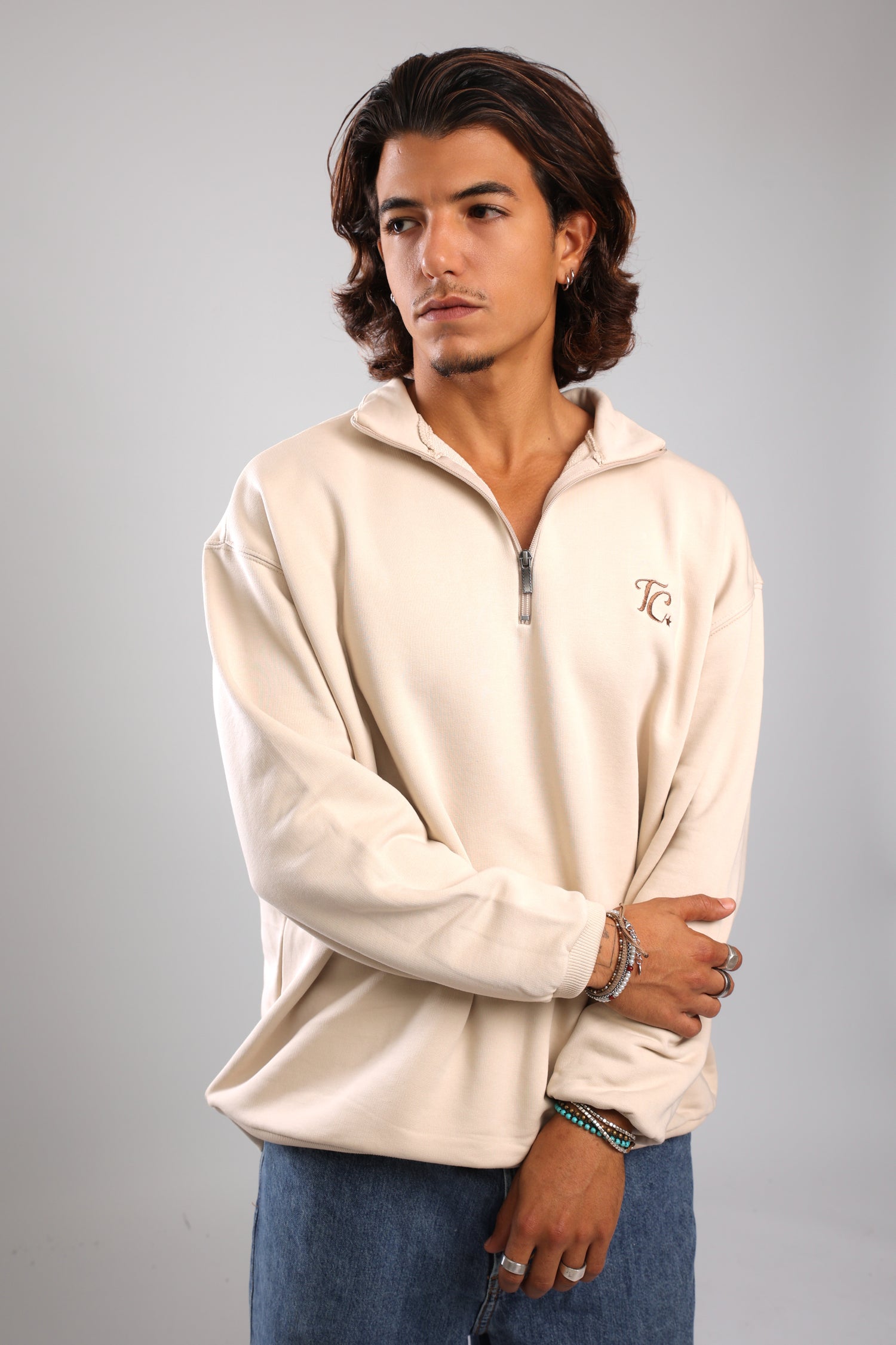 סוושירט חצי רוכסן - קרם