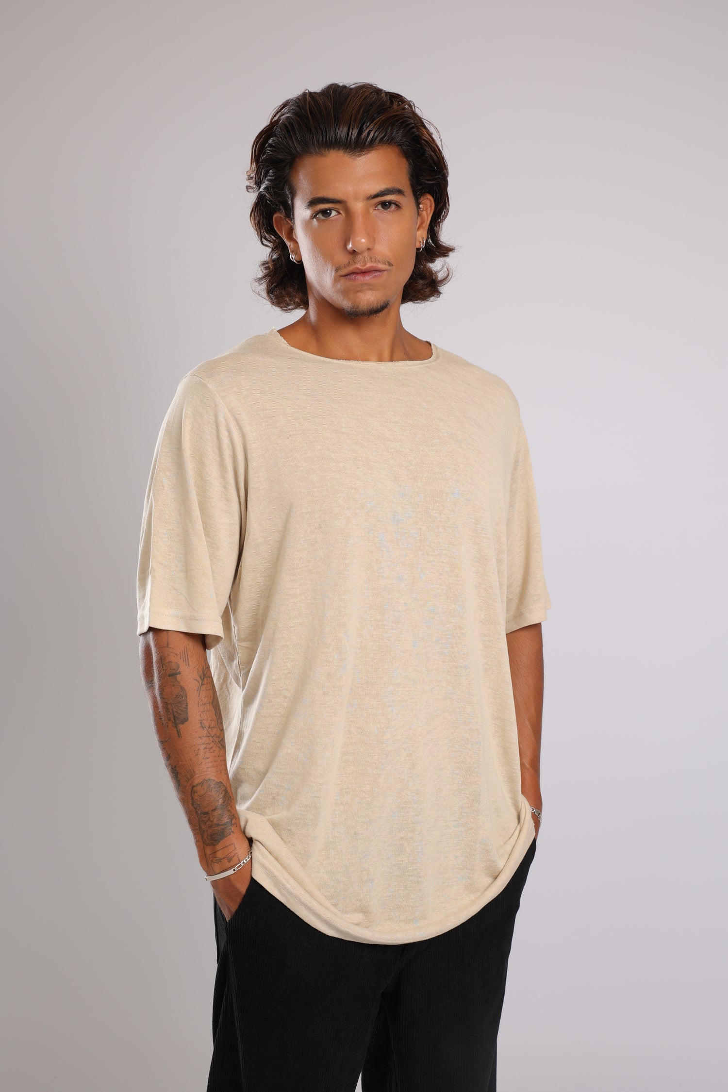 חולצה קצרה פשתן - אבן