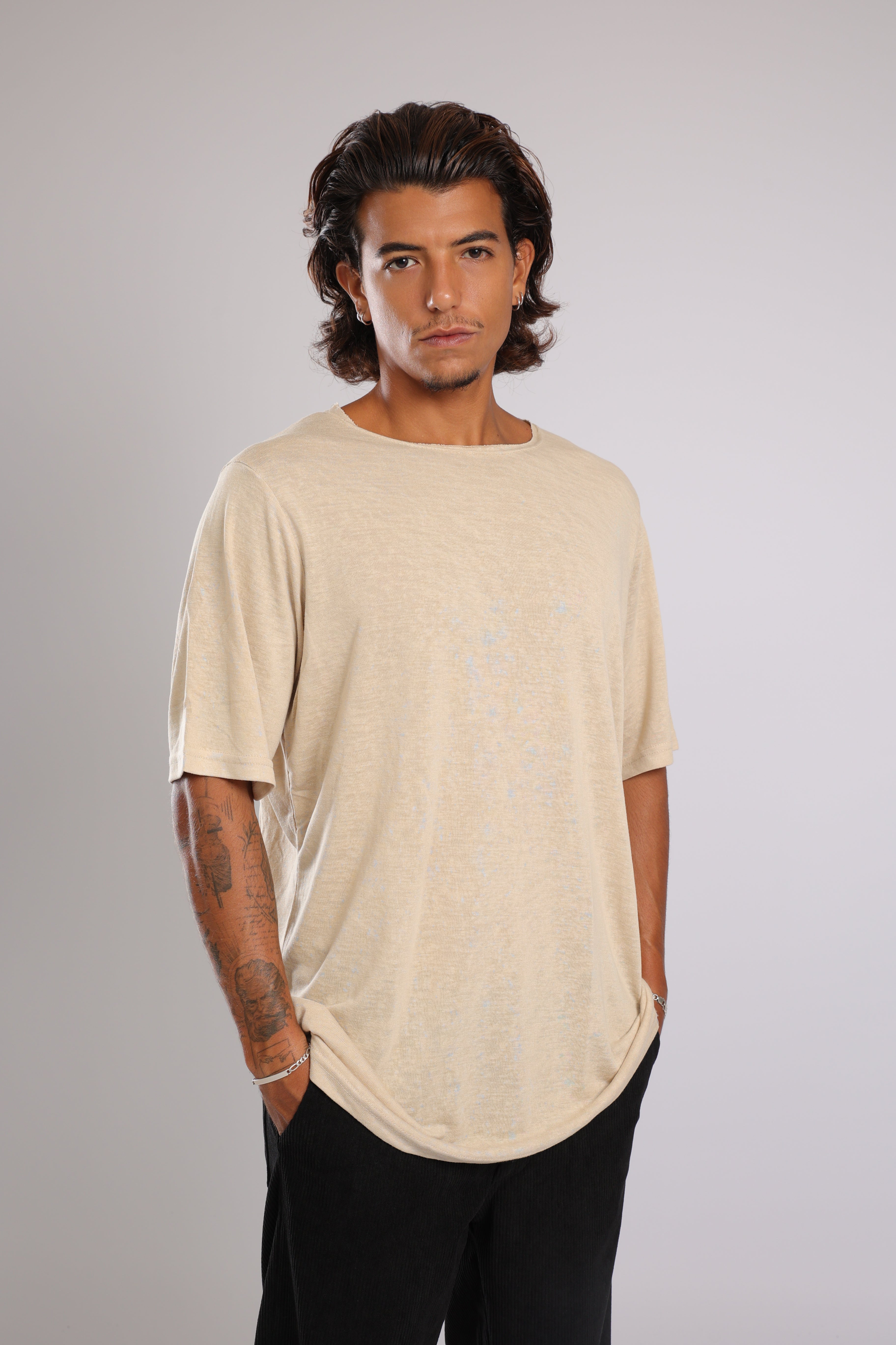 חולצה קצרה פשתן - אבן