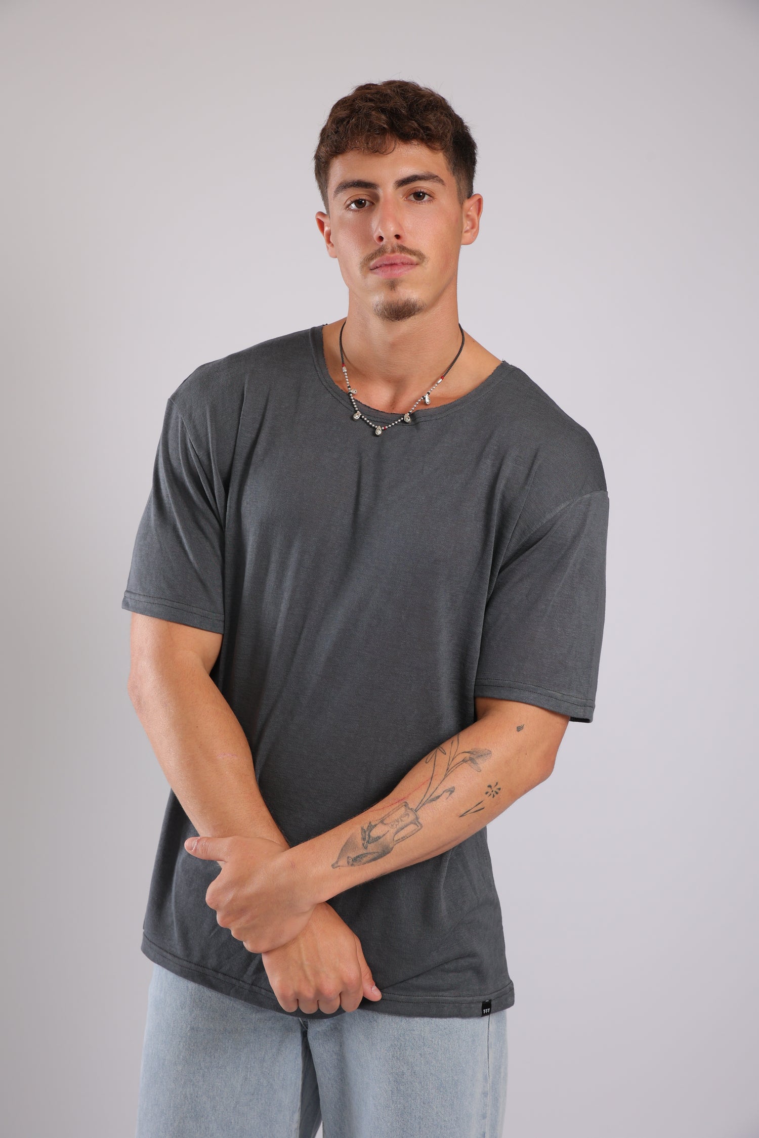 חולצה קצרה פשתן - אפור כהה