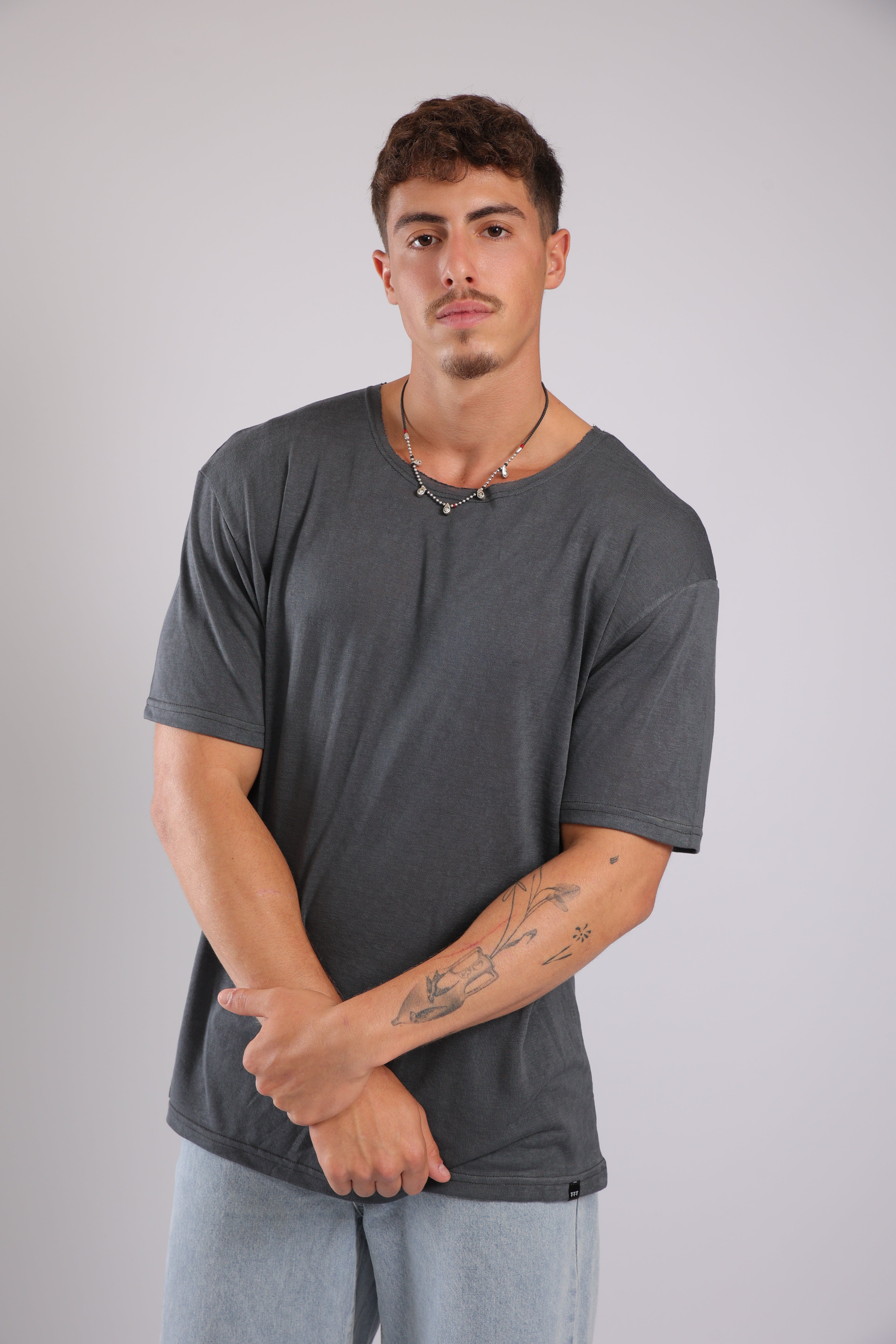 חולצה קצרה פשתן - אפור כהה