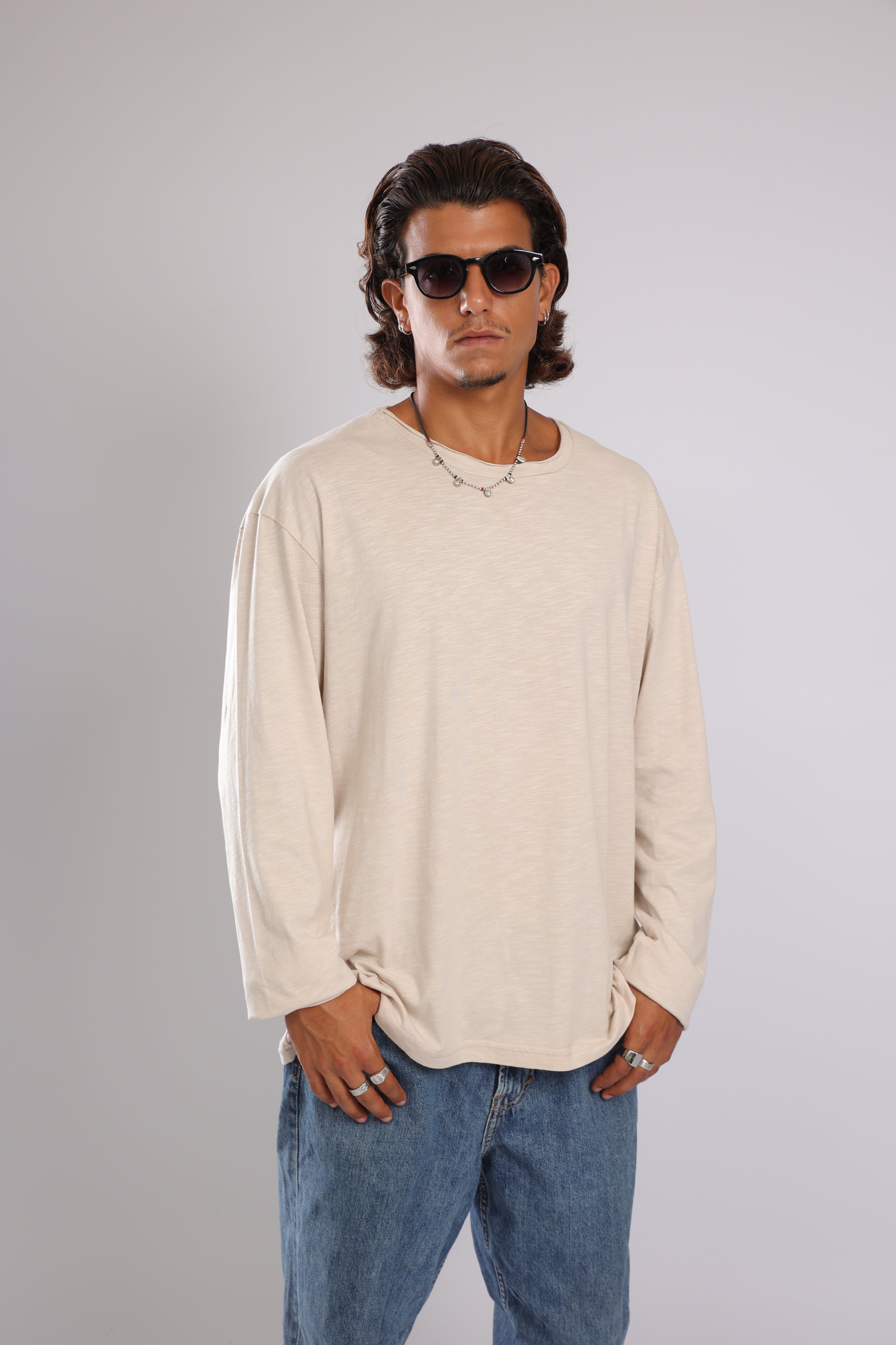 חולצה ארוכה כותנה - אבן