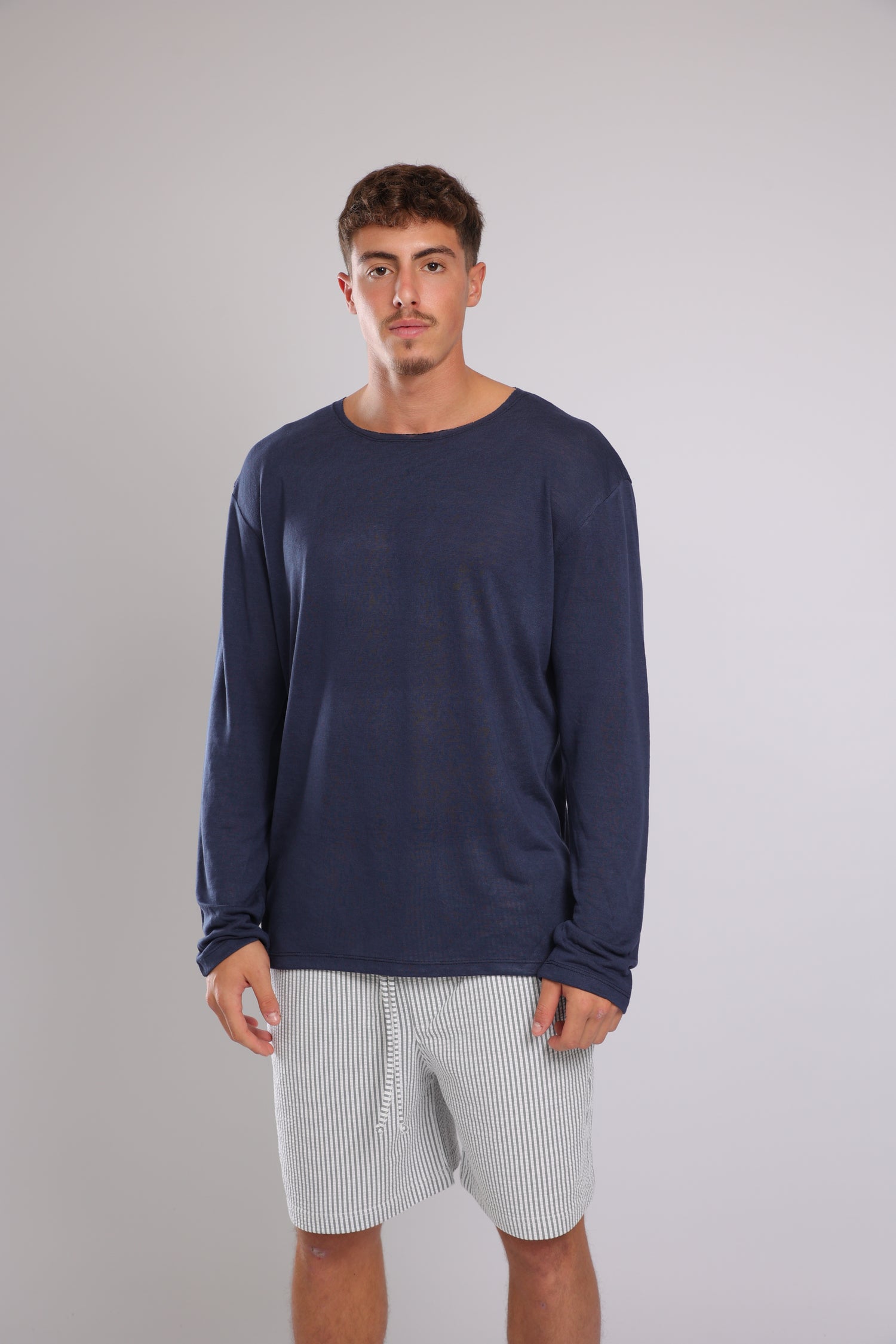 חולצה ארוכה פשתן - כחול כהה