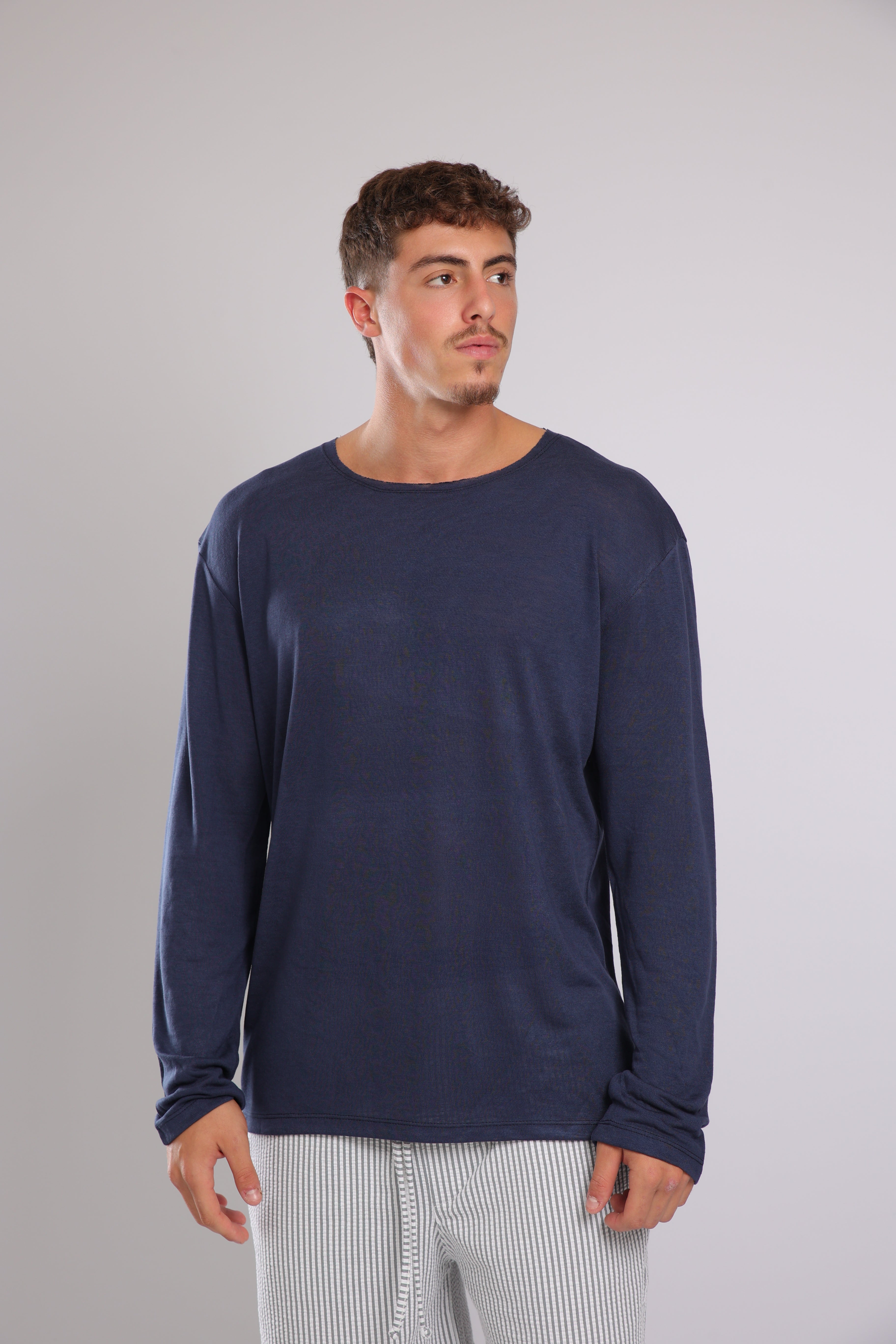 חולצה ארוכה פשתן - כחול כהה