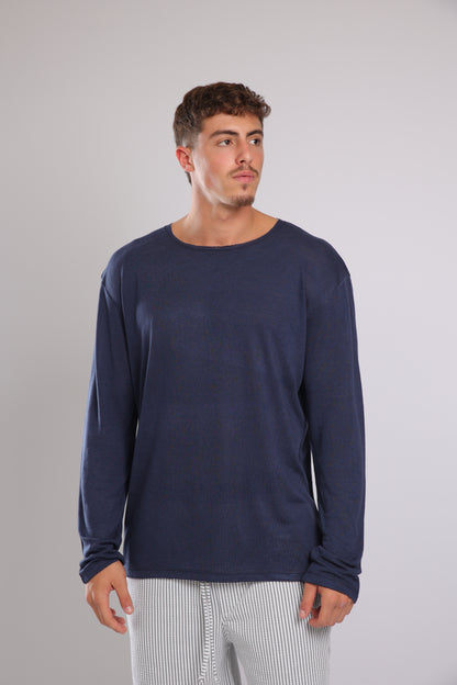 חולצה ארוכה פשתן - כחול כהה