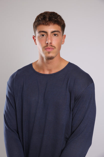 חולצה ארוכה פשתן - כחול כהה