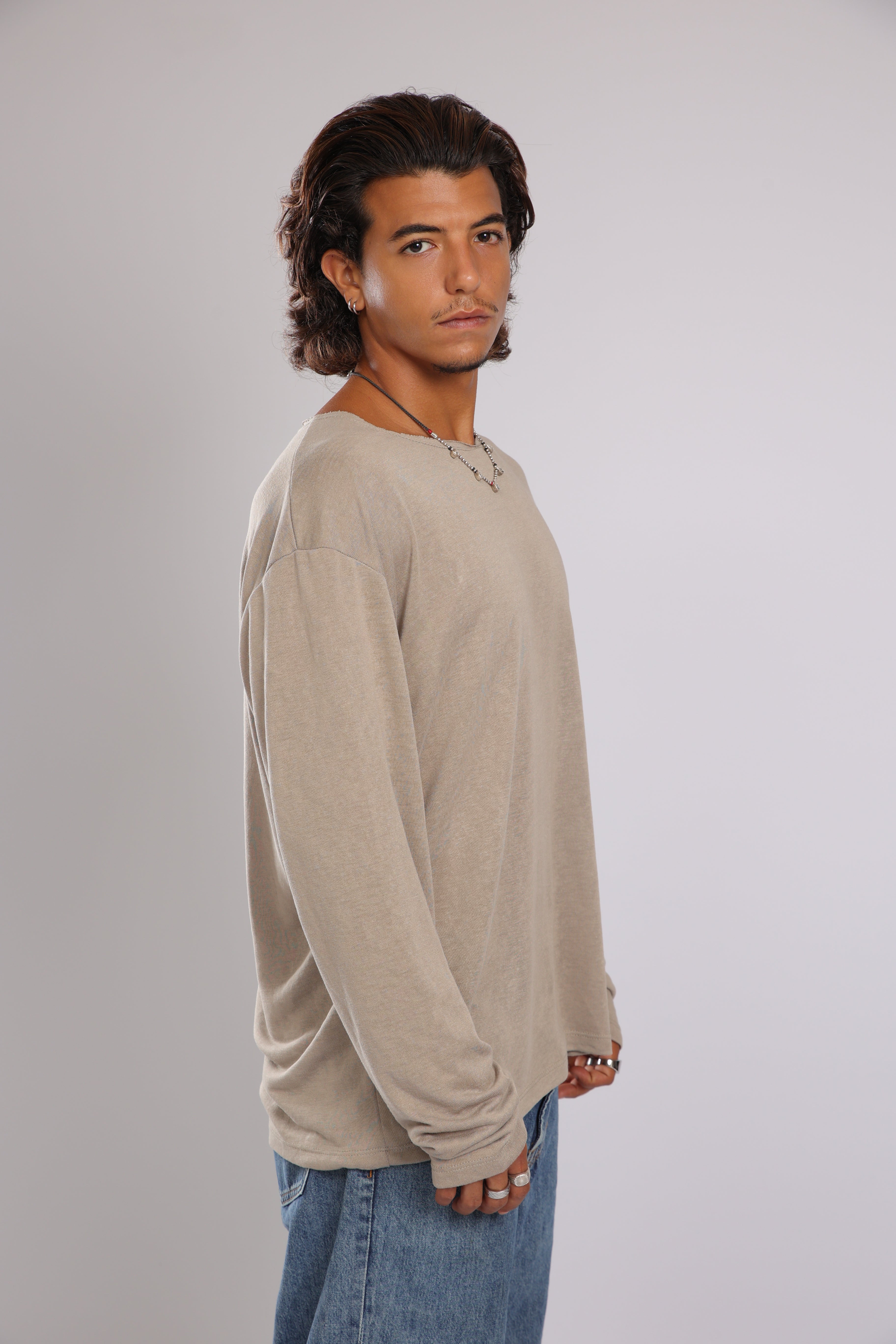 חולצה ארוכה פשתן - זית