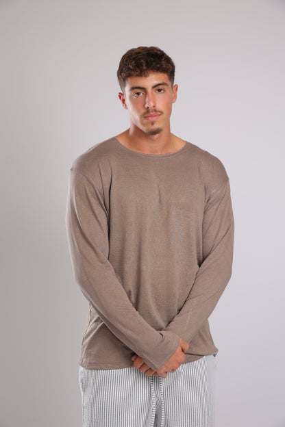 חולצה ארוכה פשתן - חום כהה