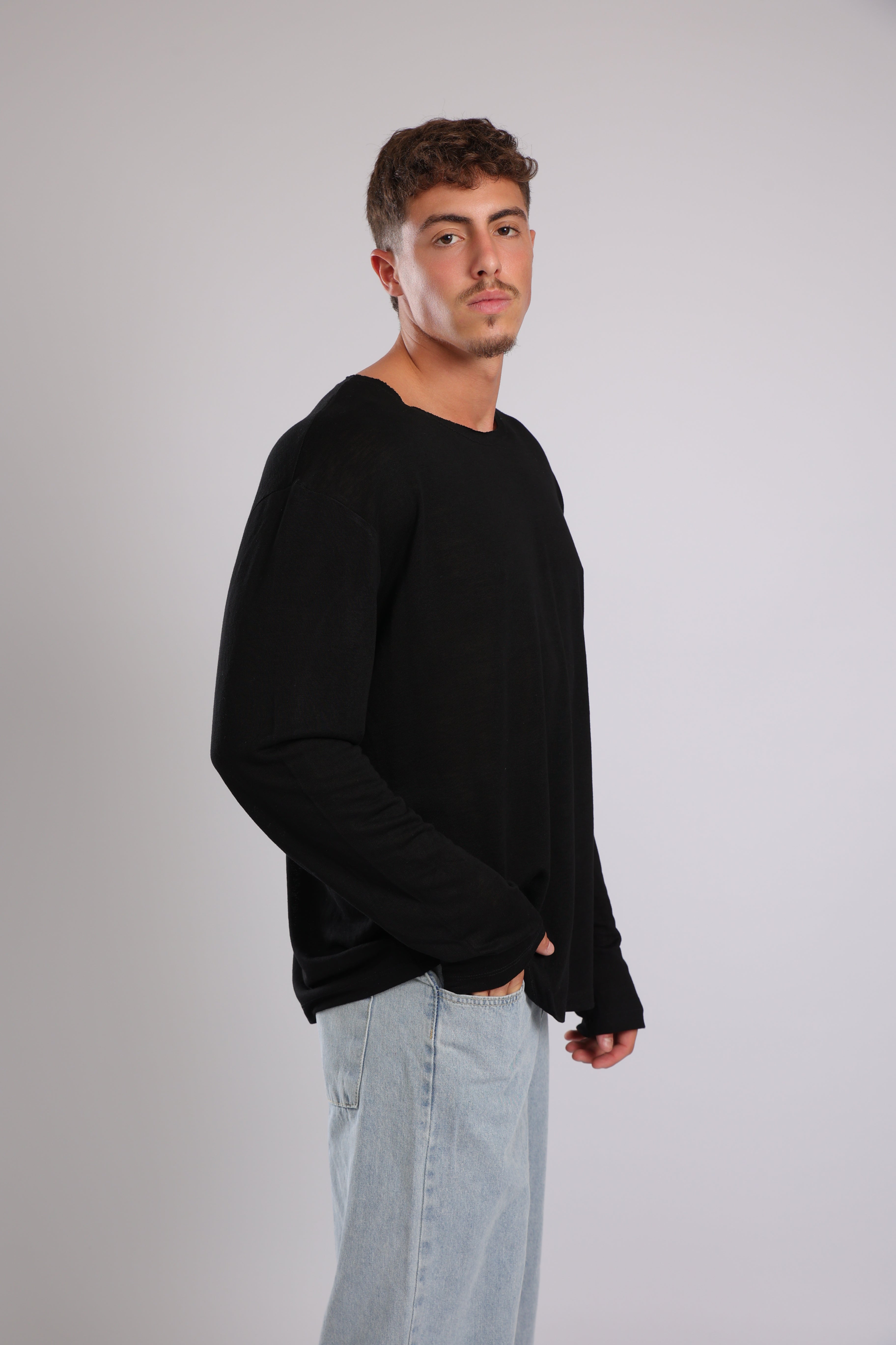 חולצה ארוכה פשתן - שחור