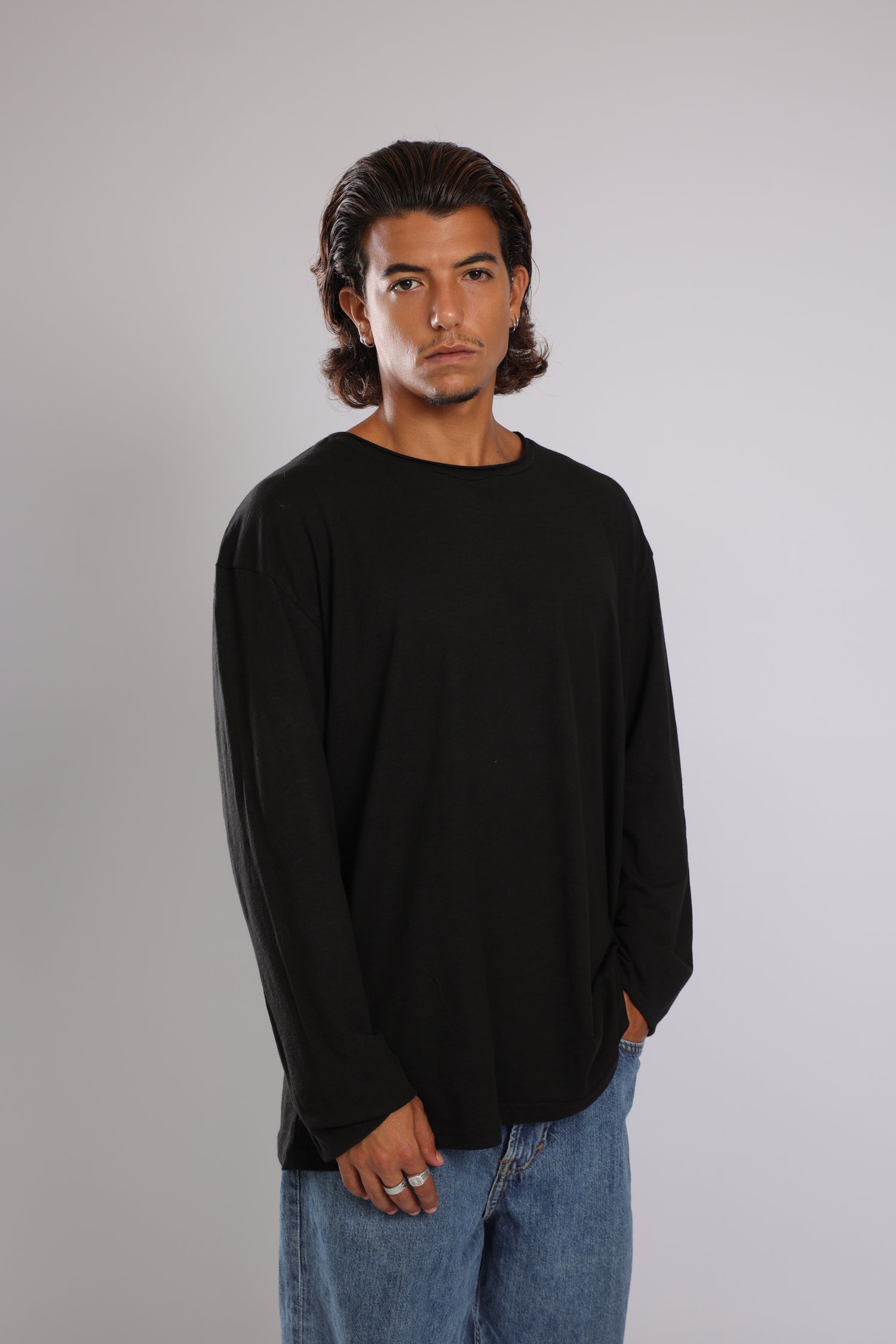 חולצה ארוכה כותנה - שחור