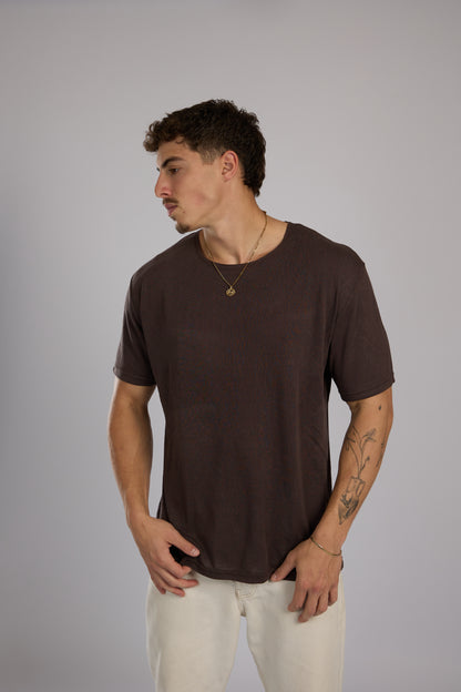 חולצה קצרה פשתן - חום כהה