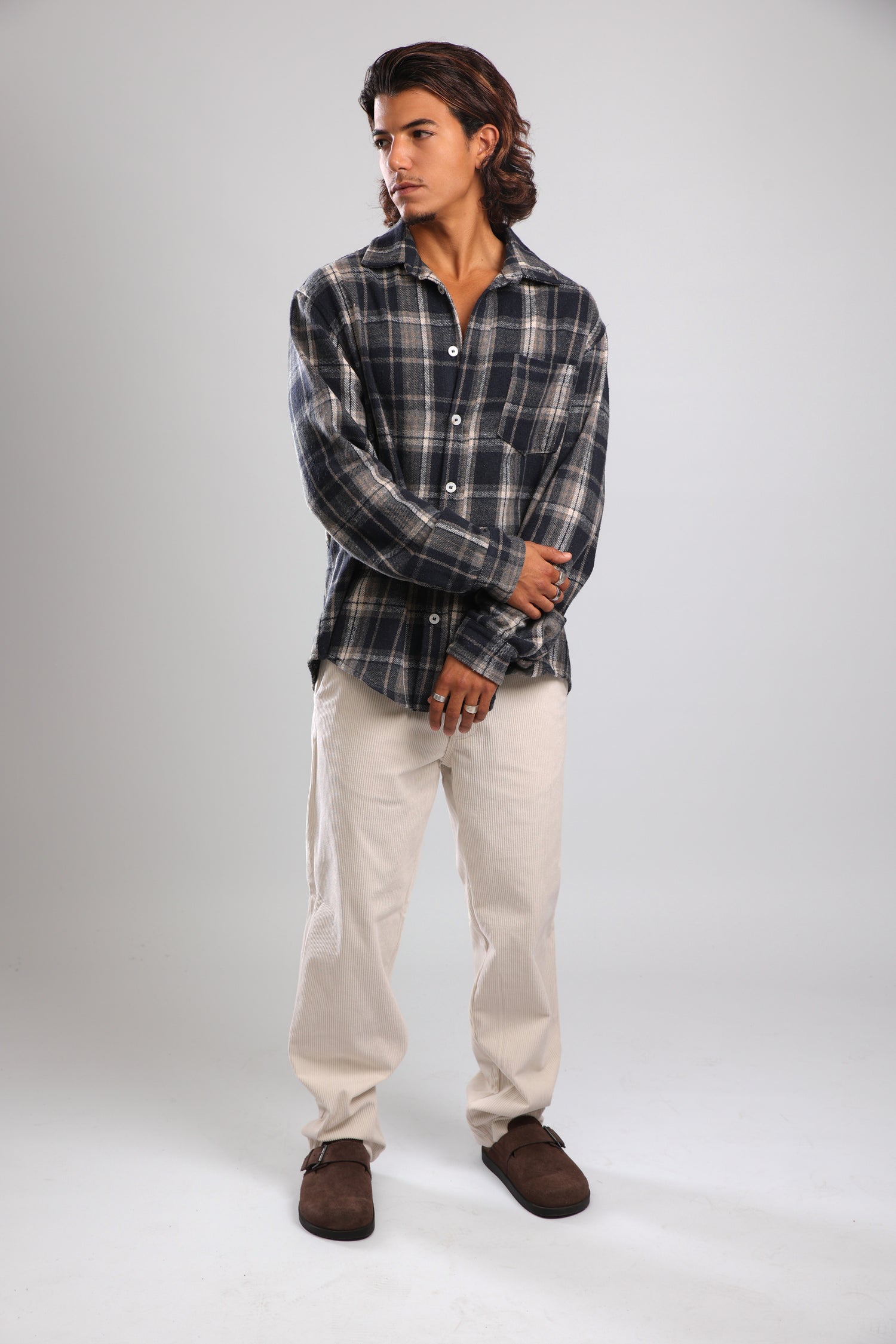 מכופתרת פלנל - אפור כחול