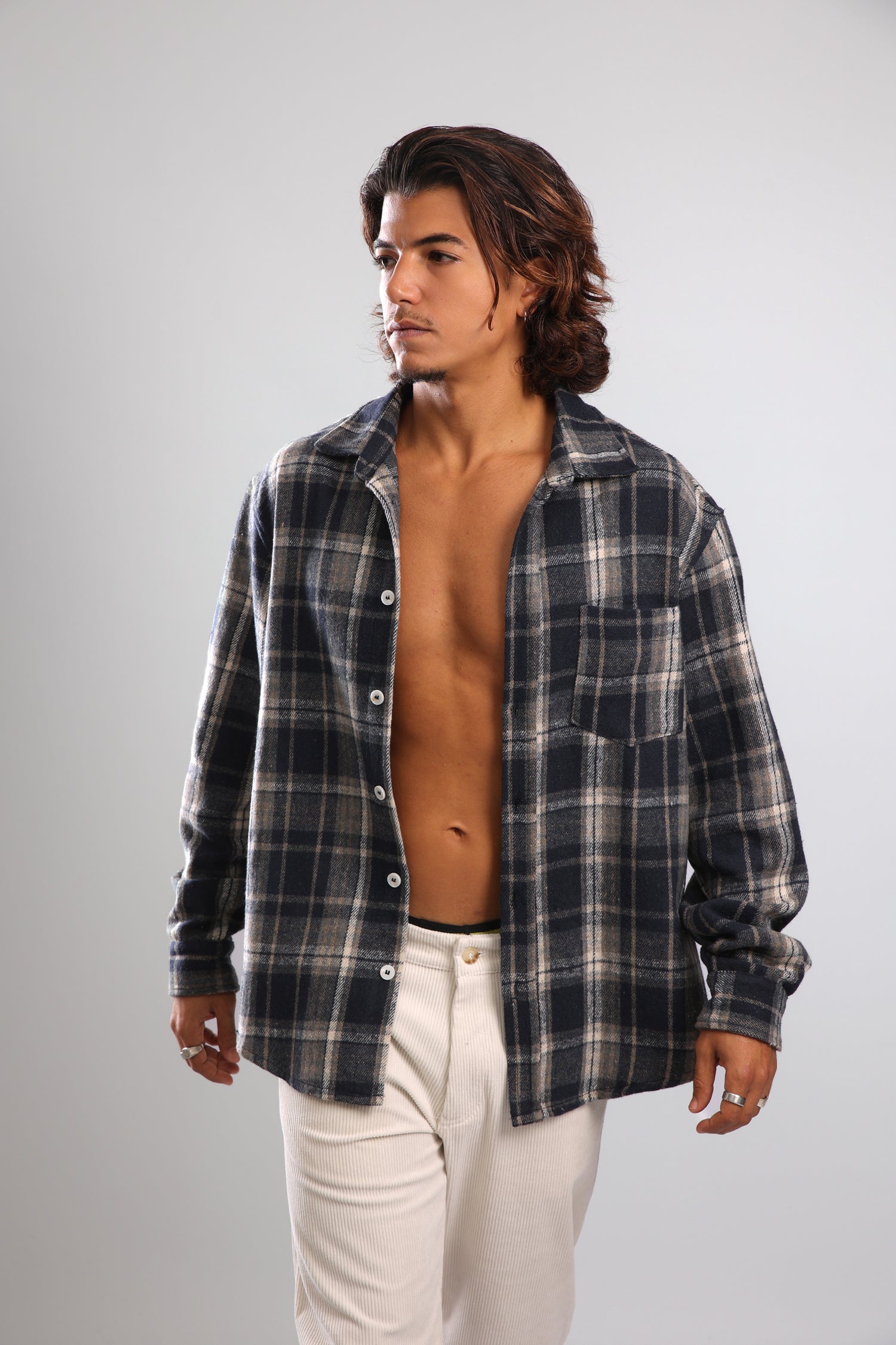 מכופתרת פלנל - אפור כחול