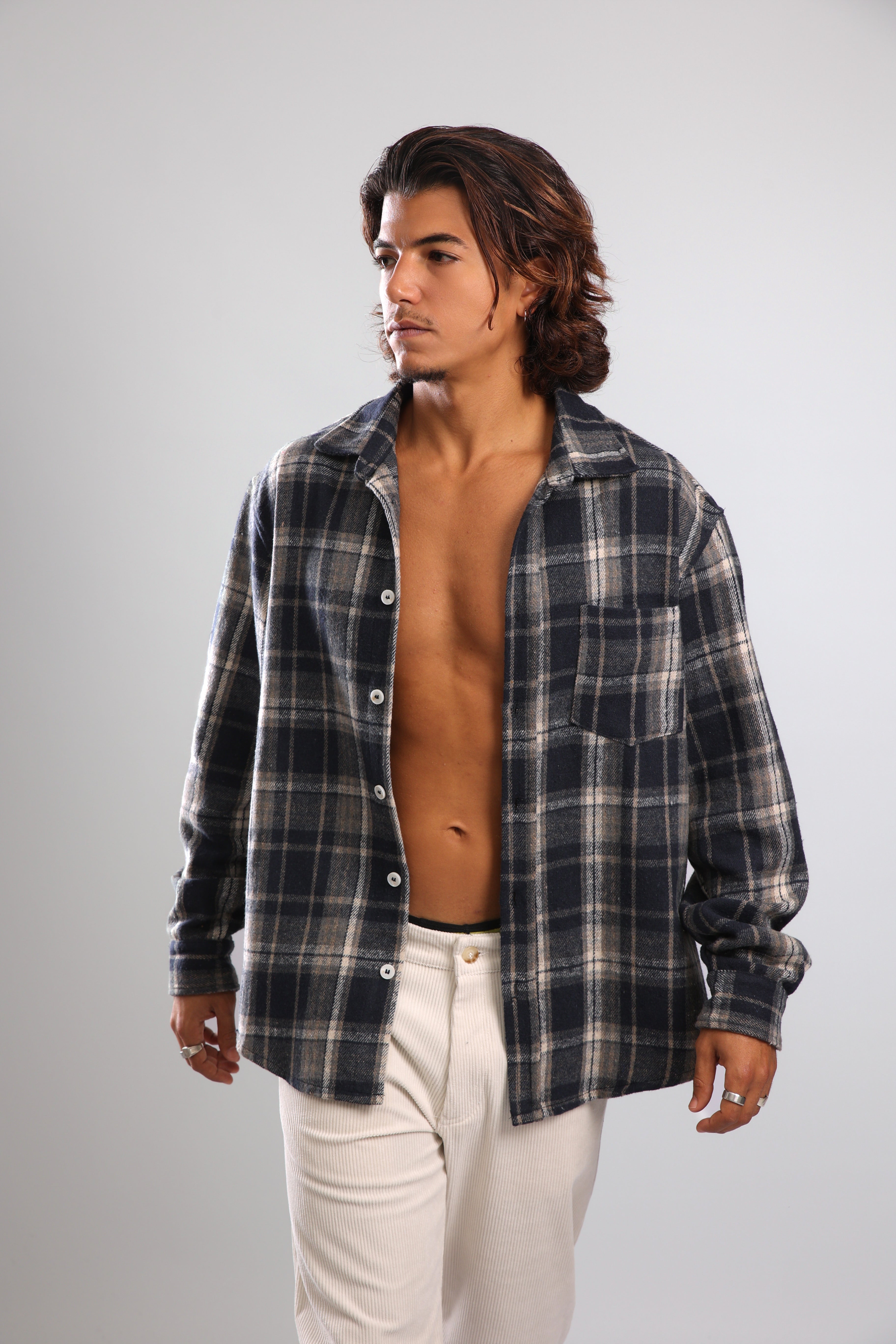 מכופתרת פלנל - אפור כחול