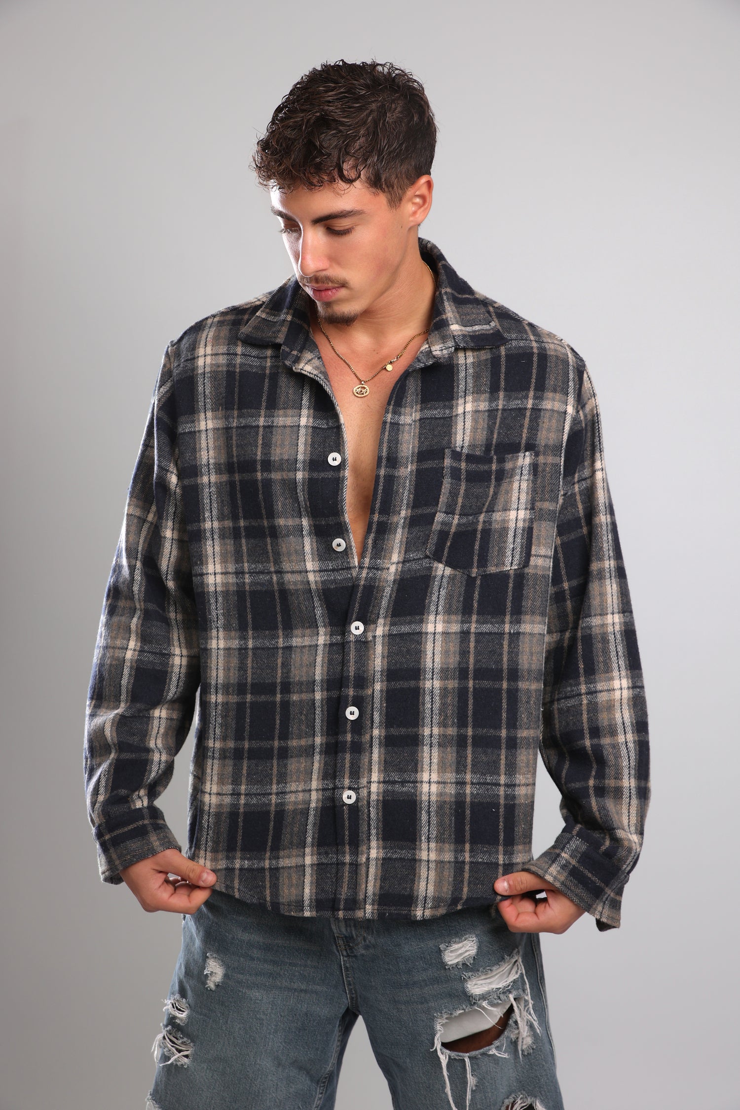 מכופתרת פלנל - אפור כחול