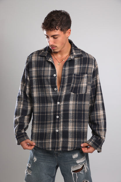 מכופתרת פלנל - אפור כחול