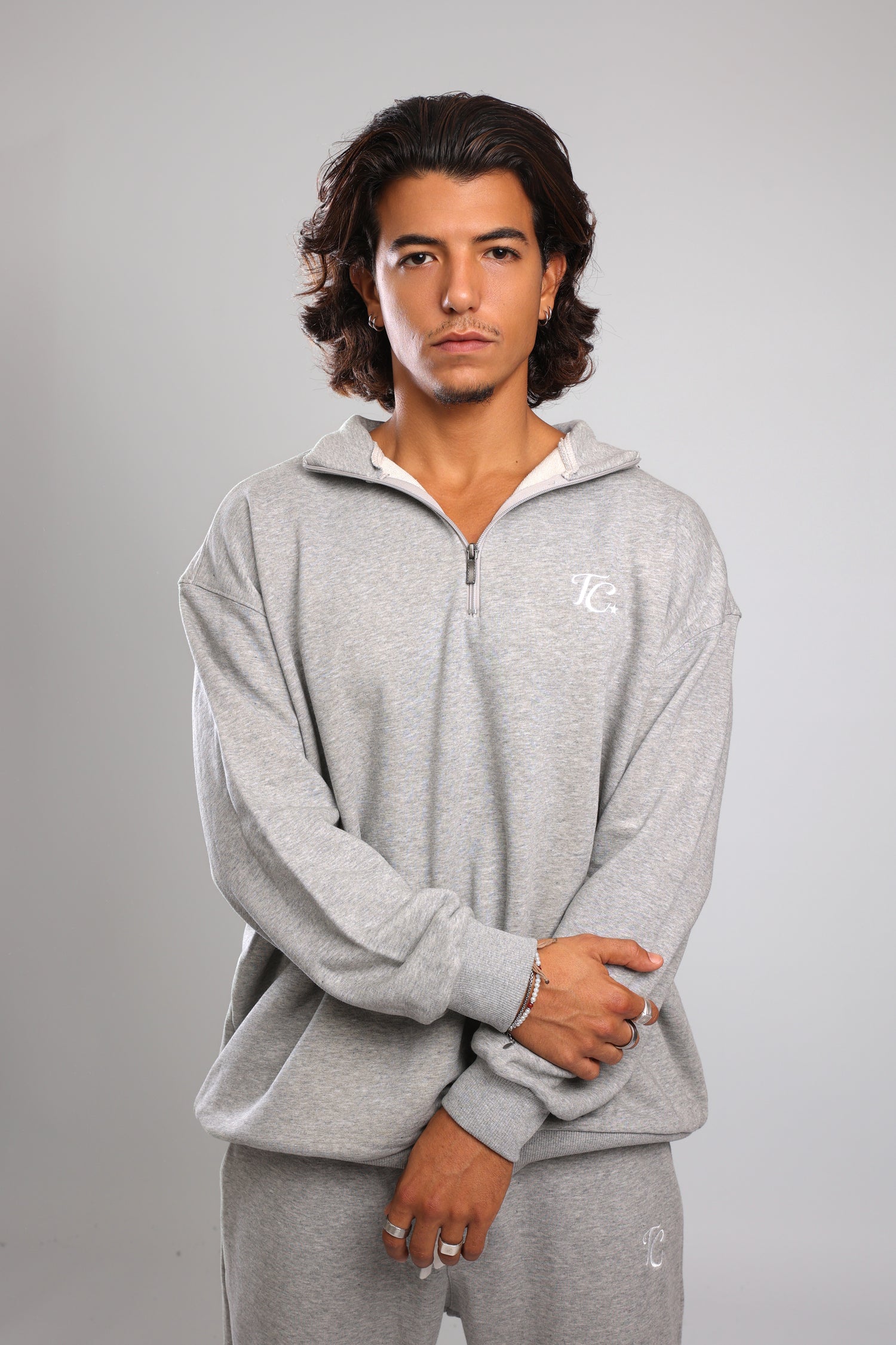 סוושירט חצי רוכסן - אפור מלאנז