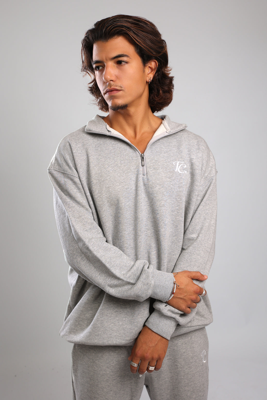 סוושירט חצי רוכסן - אפור מלאנז